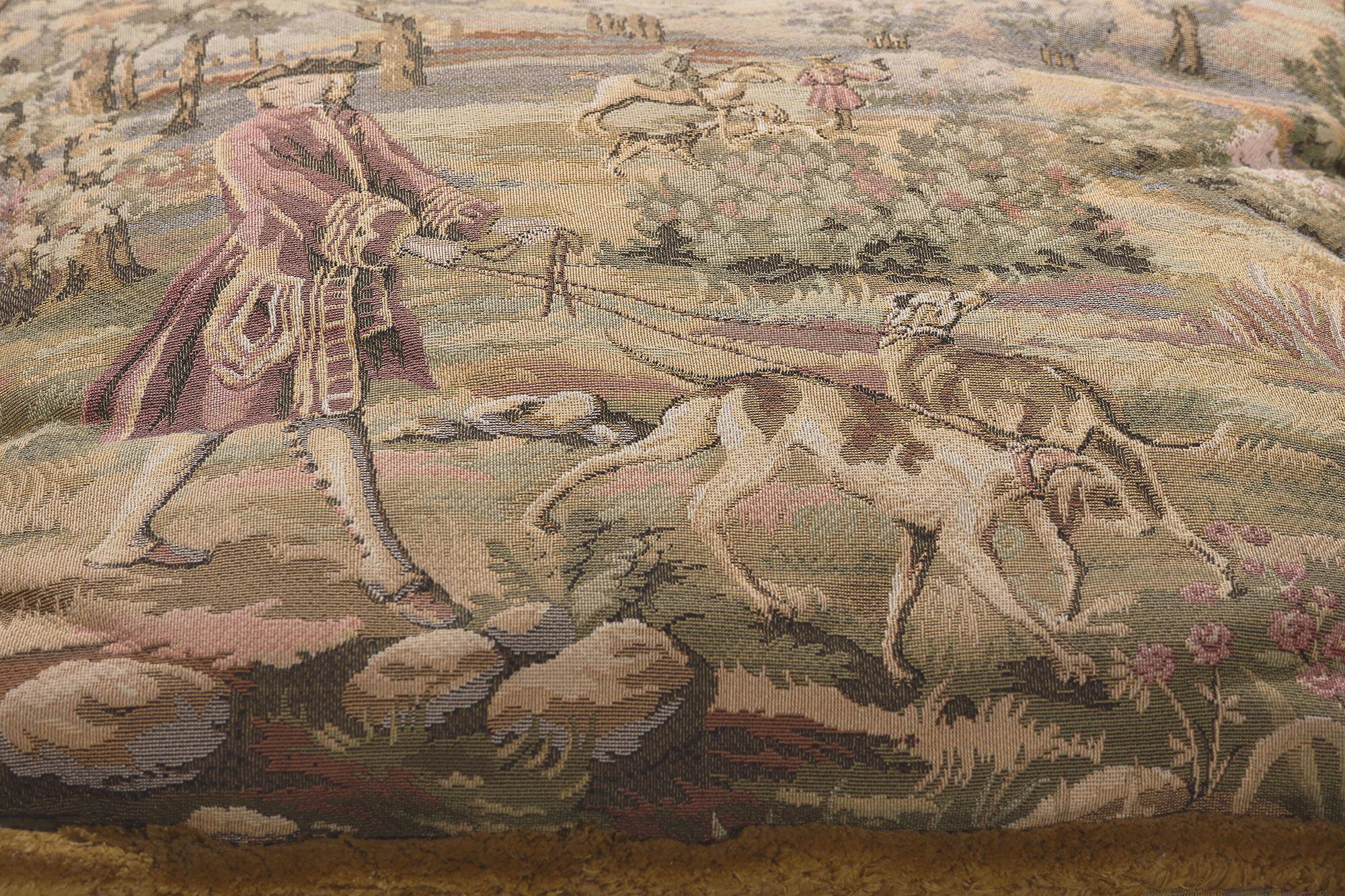 Decorative Vintage Tapestry Pillow, Louis XV Hunting - II Francois Boucher In Distressed Condition For Sale In Dallas, TX