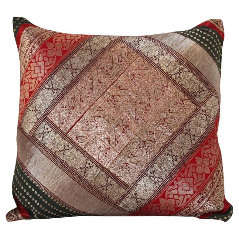 Decorative Vintage Throw Pillow Made from Sari Borders, India For Sale