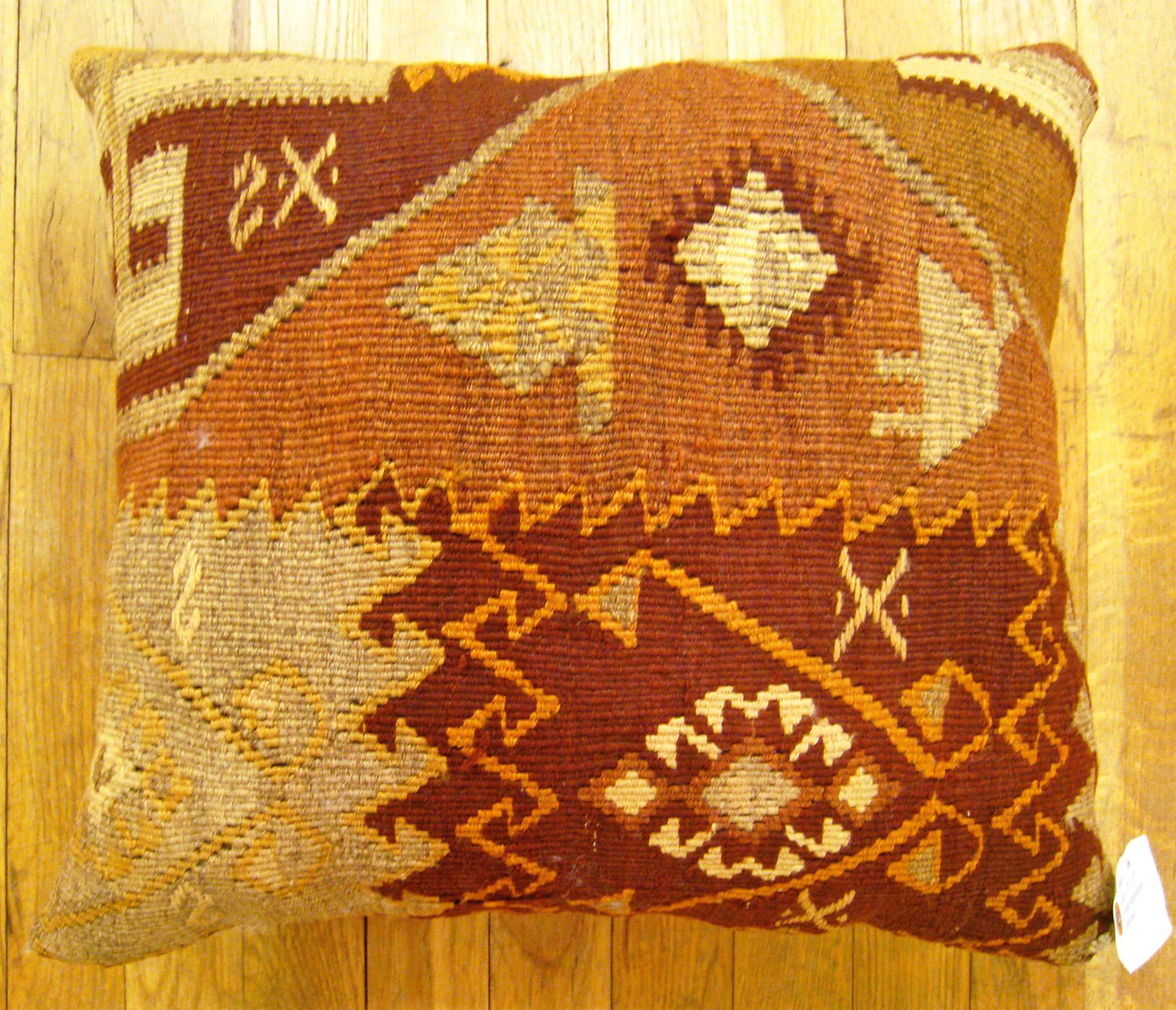 Vintage Turkish Kilim Rug Pillow; size 17” x 18”.

A vintage decorative pillow with geometric abstracts allover a brown central field, size 17” x 18”. This lovely decorative pillow features a vintage fabric of a KIilim carpet on front which is