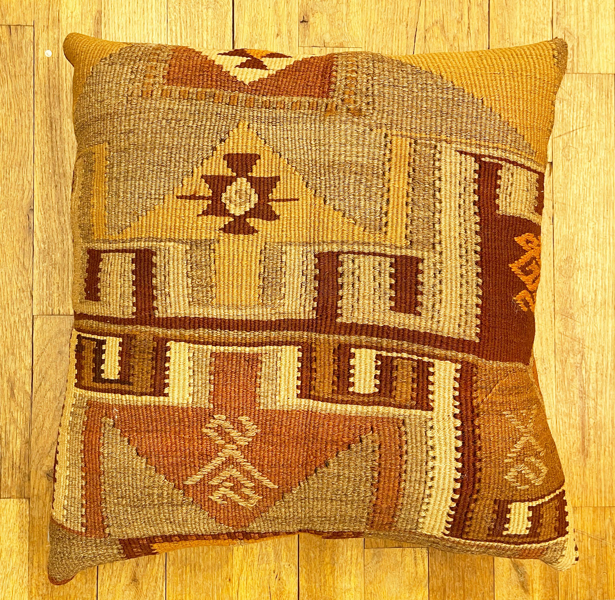 Vintage Turkish Kilim rug pillow; size 17” x 18”.

A vintage decorative pillow with geometric abstracts allover a brown central field, size 17” x 18”. This lovely decorative pillow features a vintage fabric of a KIilim carpet on front which is
