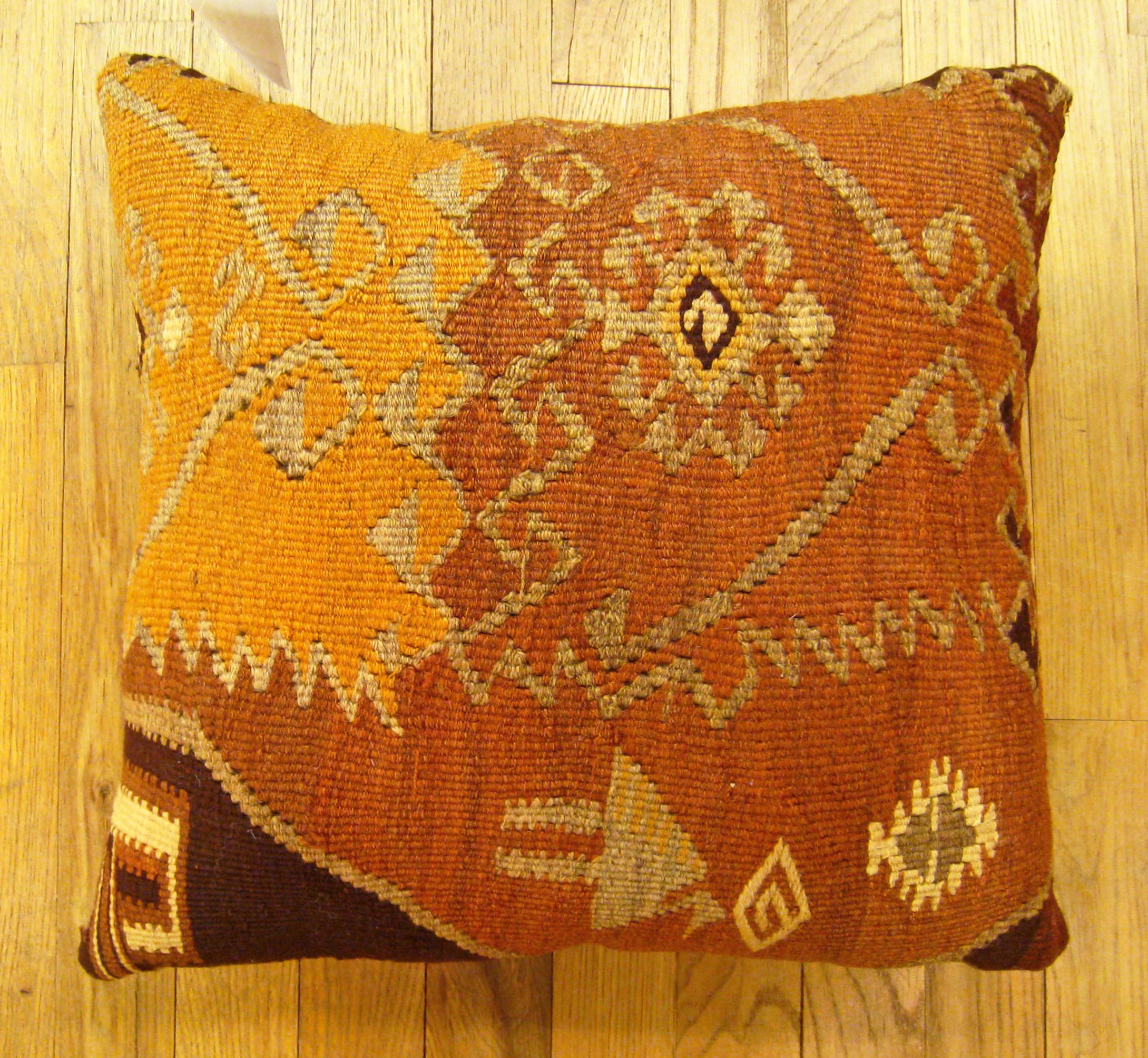Vintage Turkish Kilim Rug Pillow; size 17” x 17”.

A vintage decorative pillow with geometric abstracts allover a brown central field, size 17” x 17”. This lovely decorative pillow features a vintage fabric of a KIilim carpet on front which is
