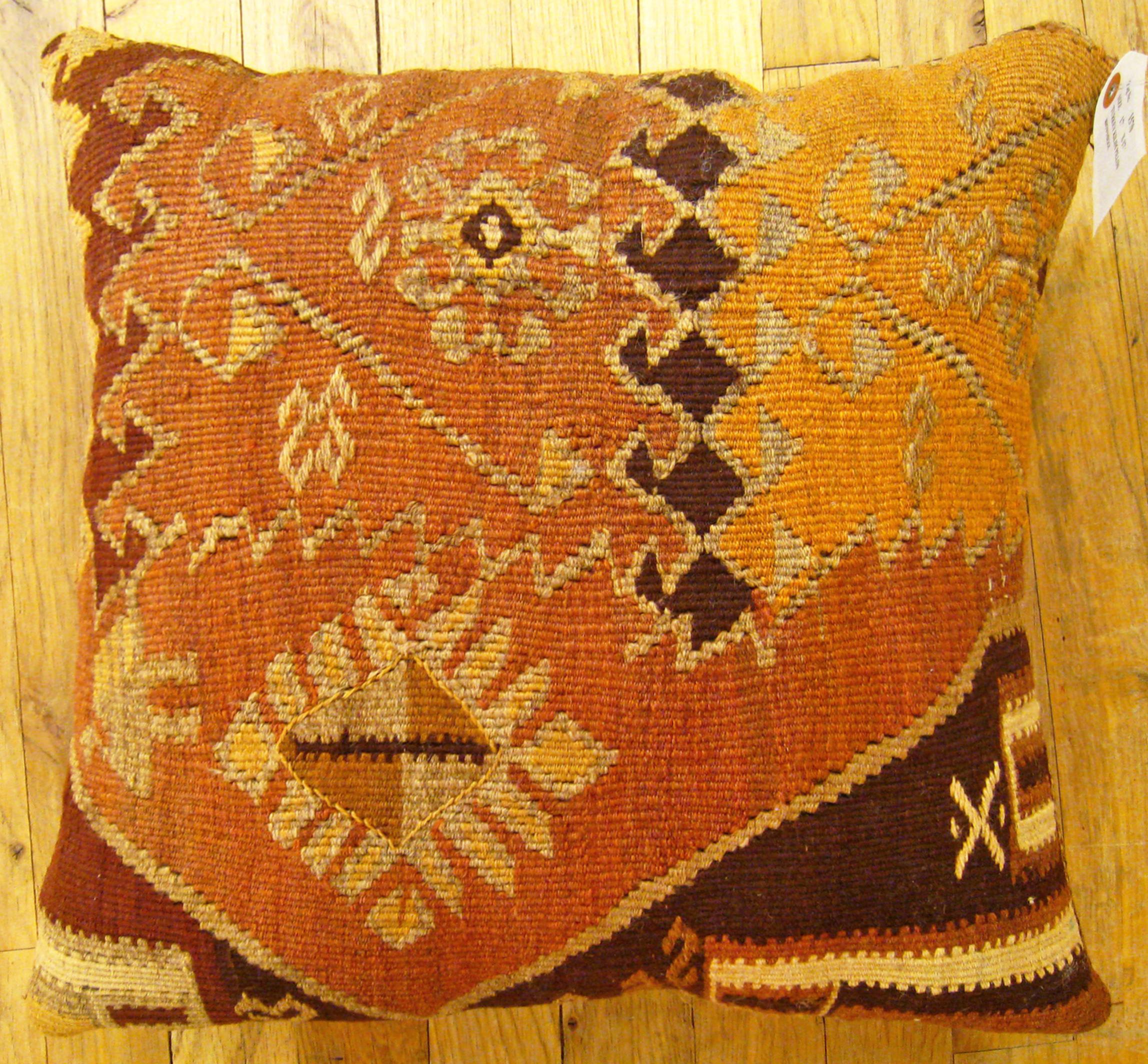 Vintage Turkish Kilim Rug Pillow; size 17” x 17”.

A vintage decorative pillow with geometric abstracts allover a brown central field, size 17” x 17”. This lovely decorative pillow features a vintage fabric of a KIilim carpet on front which is