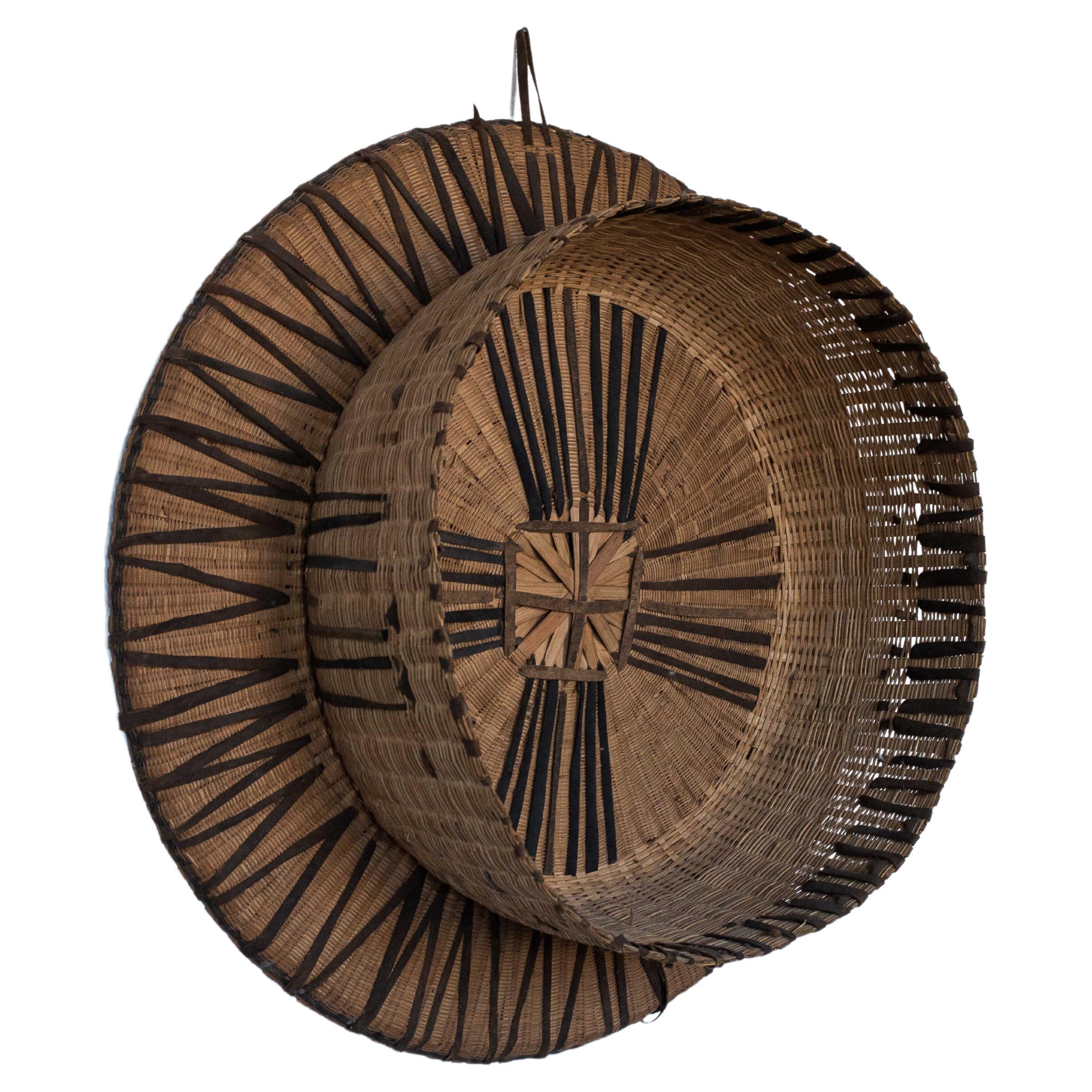Very Large Wall Basket, Straw and Leather, African Folk Art 1970 For Sale