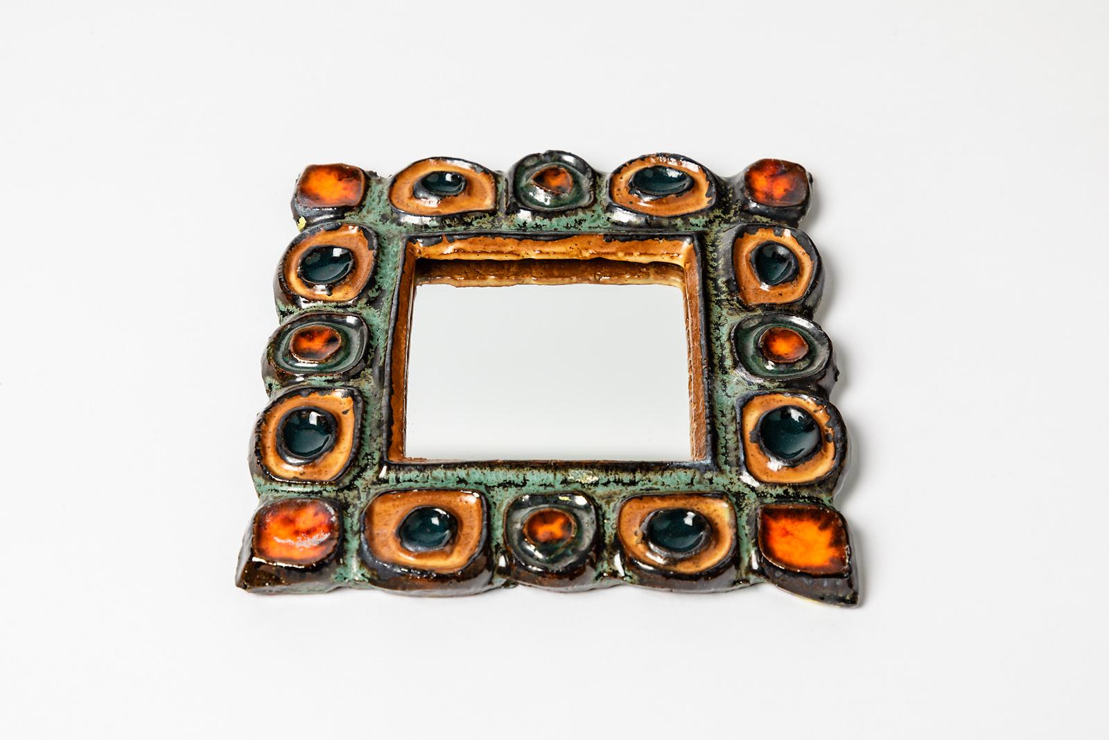 Mid-Century Modern Decorative Wall Ceramic Mirror by Les Argonautes 1960 Orange and Green Colors