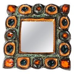 Decorative Wall Ceramic Mirror by Les Argonautes 1960 Orange and Green Colors