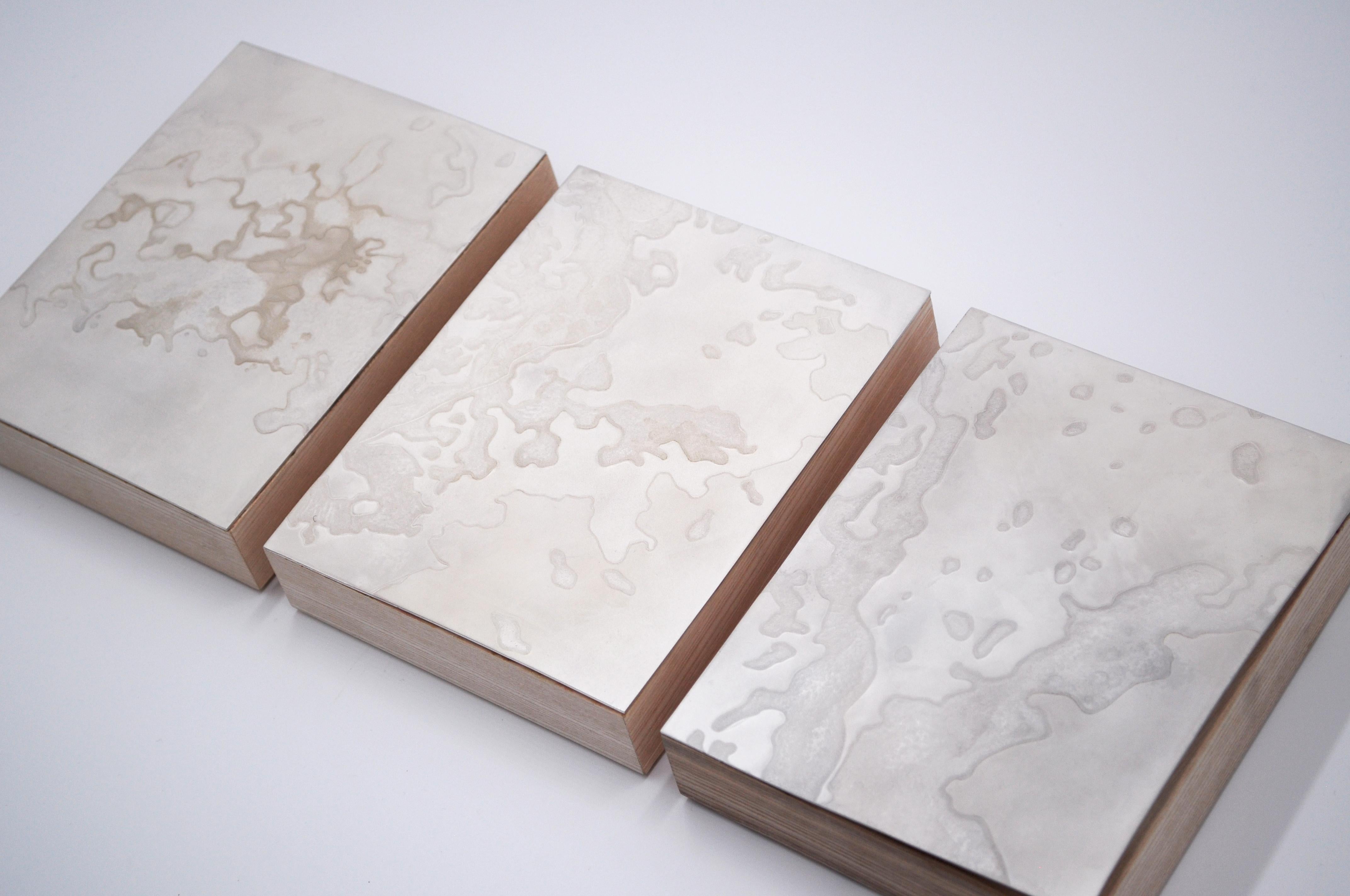 The ECUME decorative panels have been created as a wall composition of nine elements. Three chiseled solid silver plates and six blue linoleum panels, both pasted on solid beech frames.

The coming and going of the waves on the beach... A white