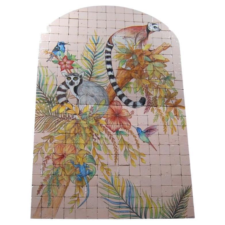 Decorative Wall Hand Painted Artisanal Tiles with Lemurs from the 20th Century For Sale
