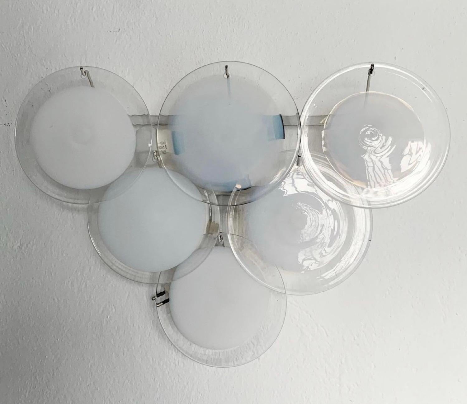 Decorative  Wall Lamps by Vistosi in Clear and White Murano Glass hand made 1970 For Sale 9