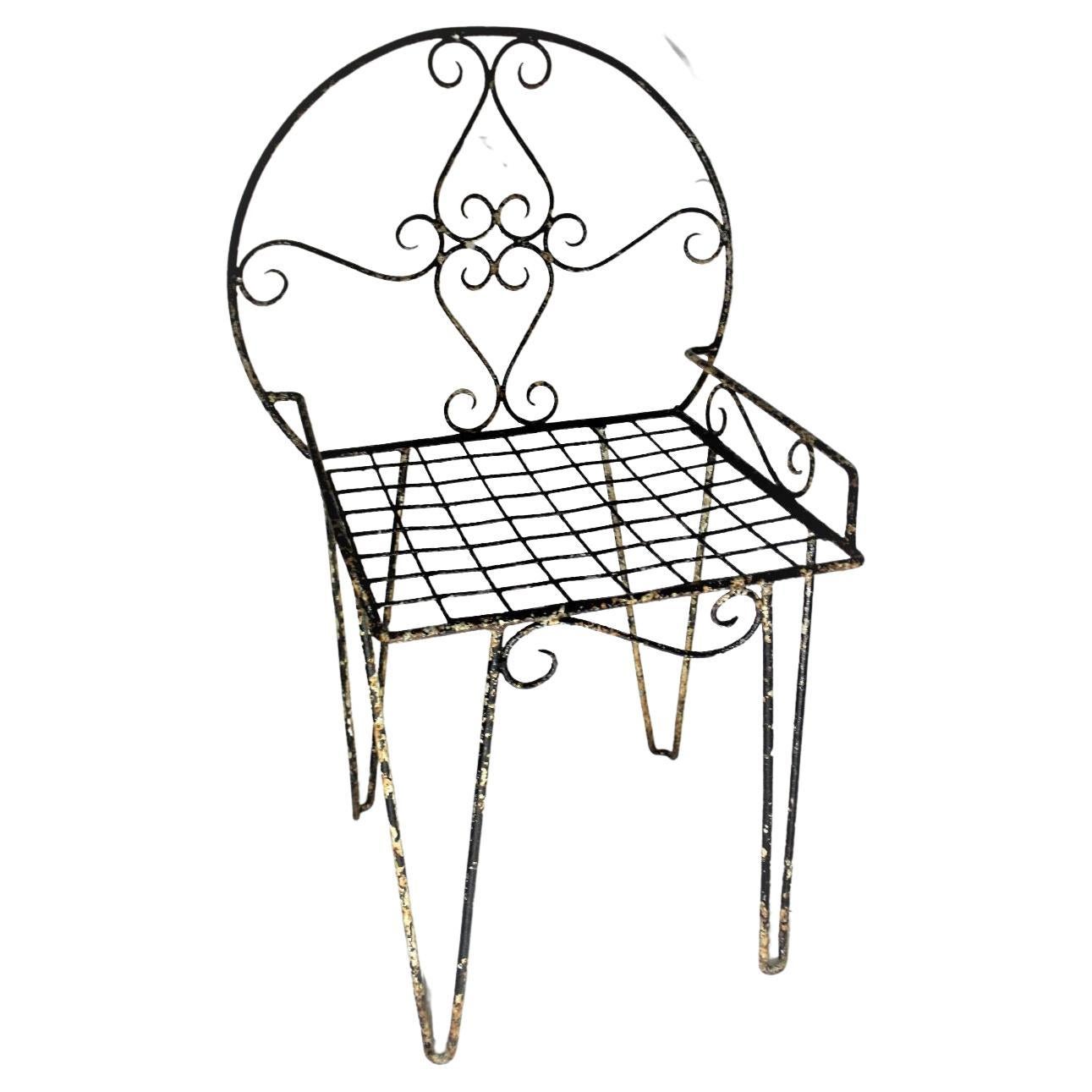 Decorative Wirework Scroll Wrought Iron Metalwork Chair with Rustic Patina Paint For Sale