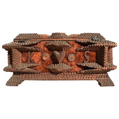 Decorative Wood Carved Tramp Art Keepsake Box or Sailors Valentine with Heart