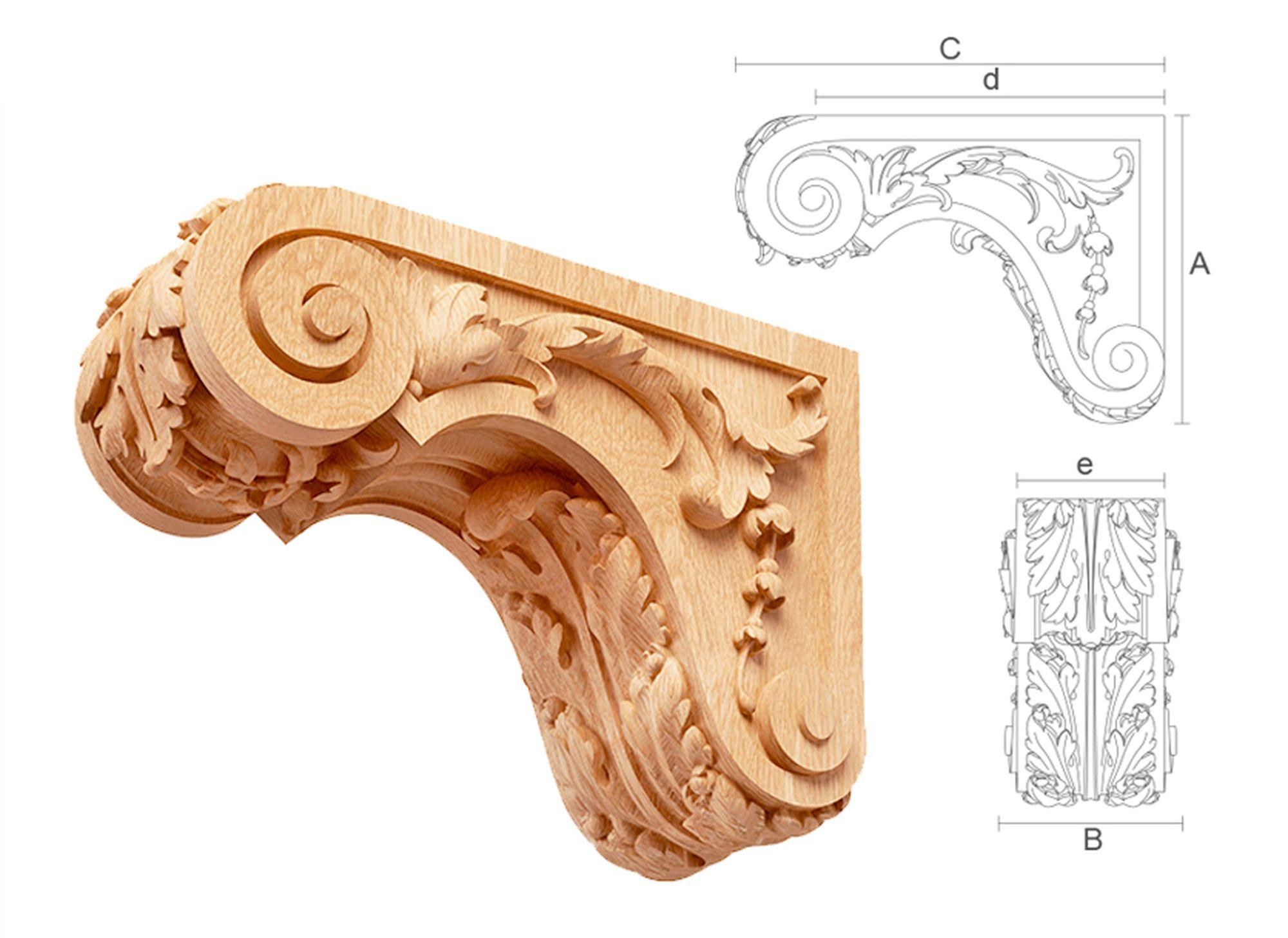 Set of 10 high-quality unfinished carved wooden corbels from oak or beech of your choice.

>> SKU: KR-054

>> Dimensions (A x B x C x d x e):

1) 4.53