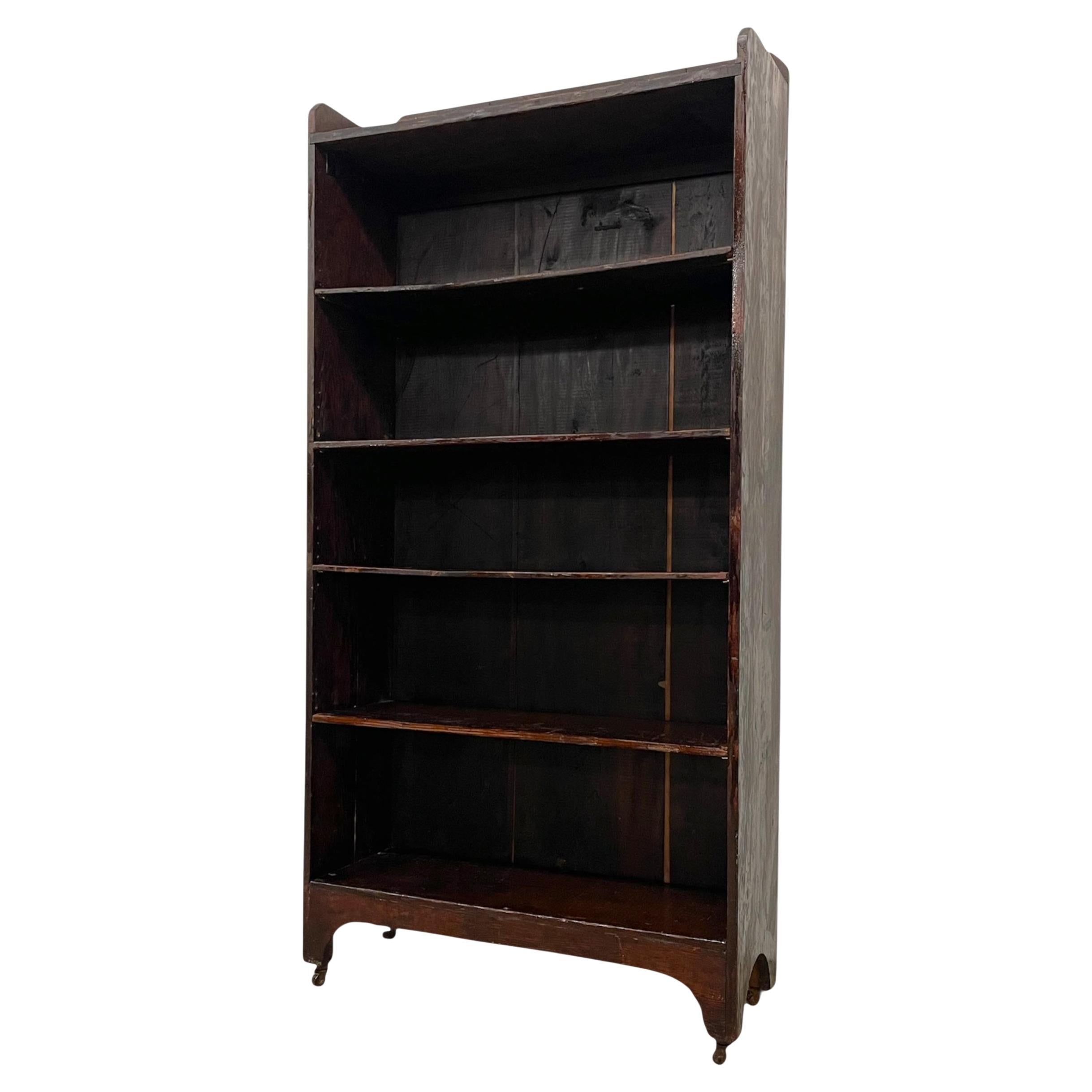 Decorative Wooden Bookcase on Casters - Early 20th Century Open-Shelf Storage