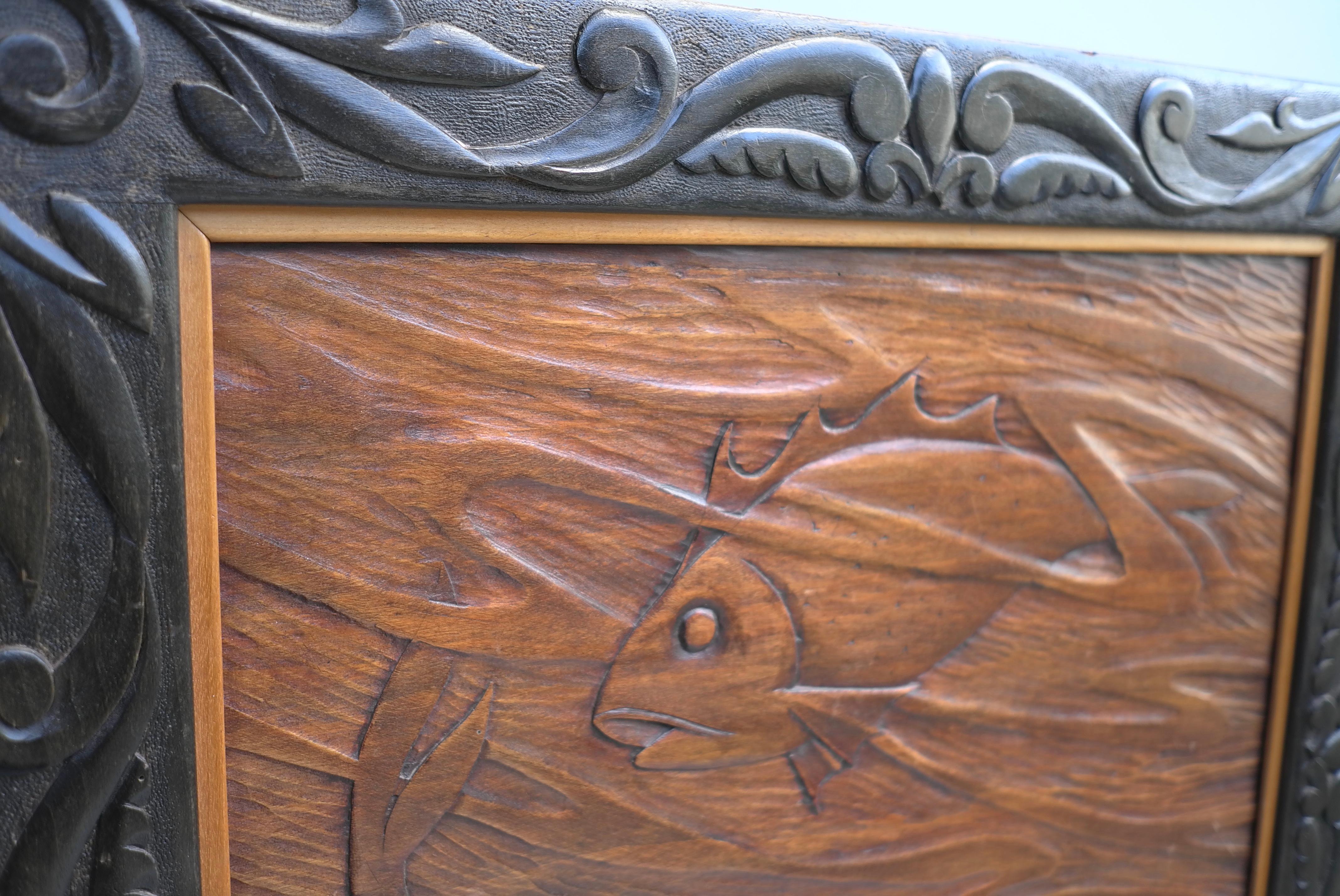 Mid-Century Modern Decorative Wooden Screen with Carved Koi Carp Fish, 1940s For Sale
