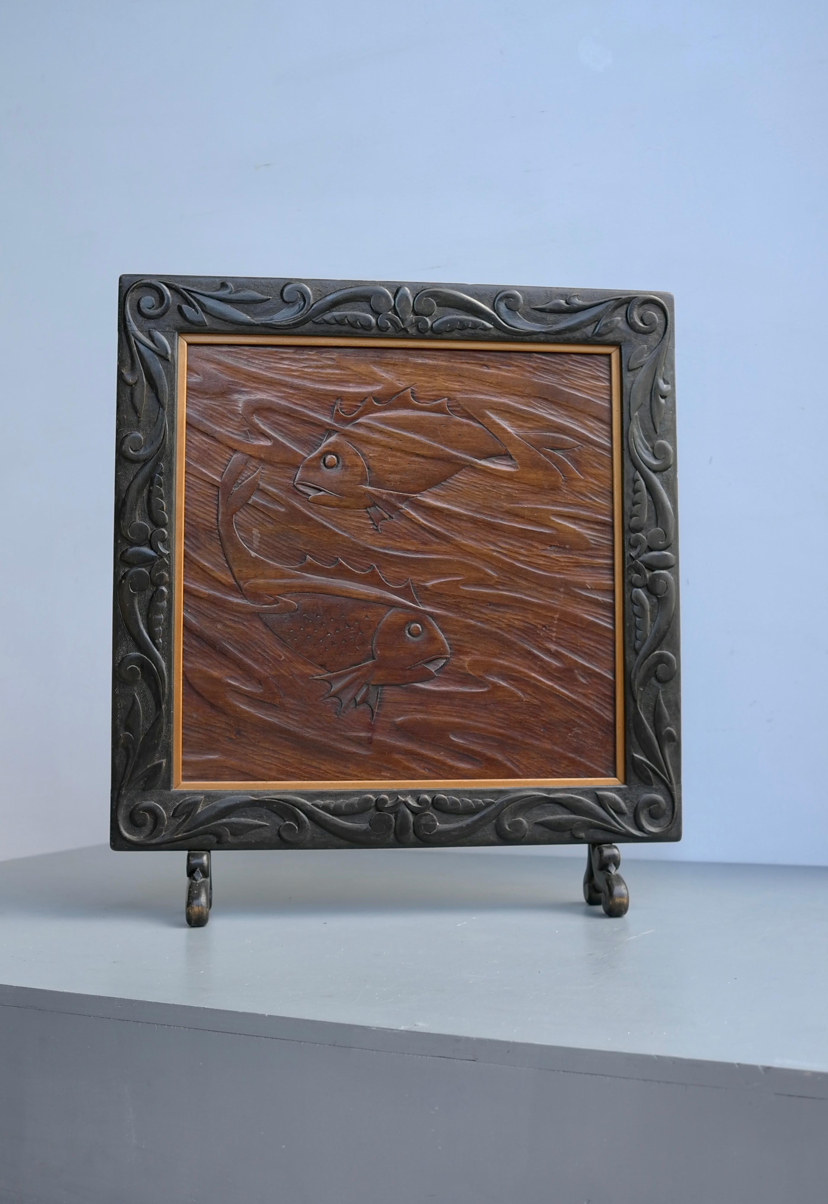 European Decorative Wooden Screen with Carved Koi Carp Fish, 1940s