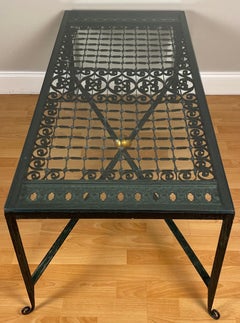 Wrought Iron Coffee Table with Glass Top and Gilt Sphere X-Form Base
