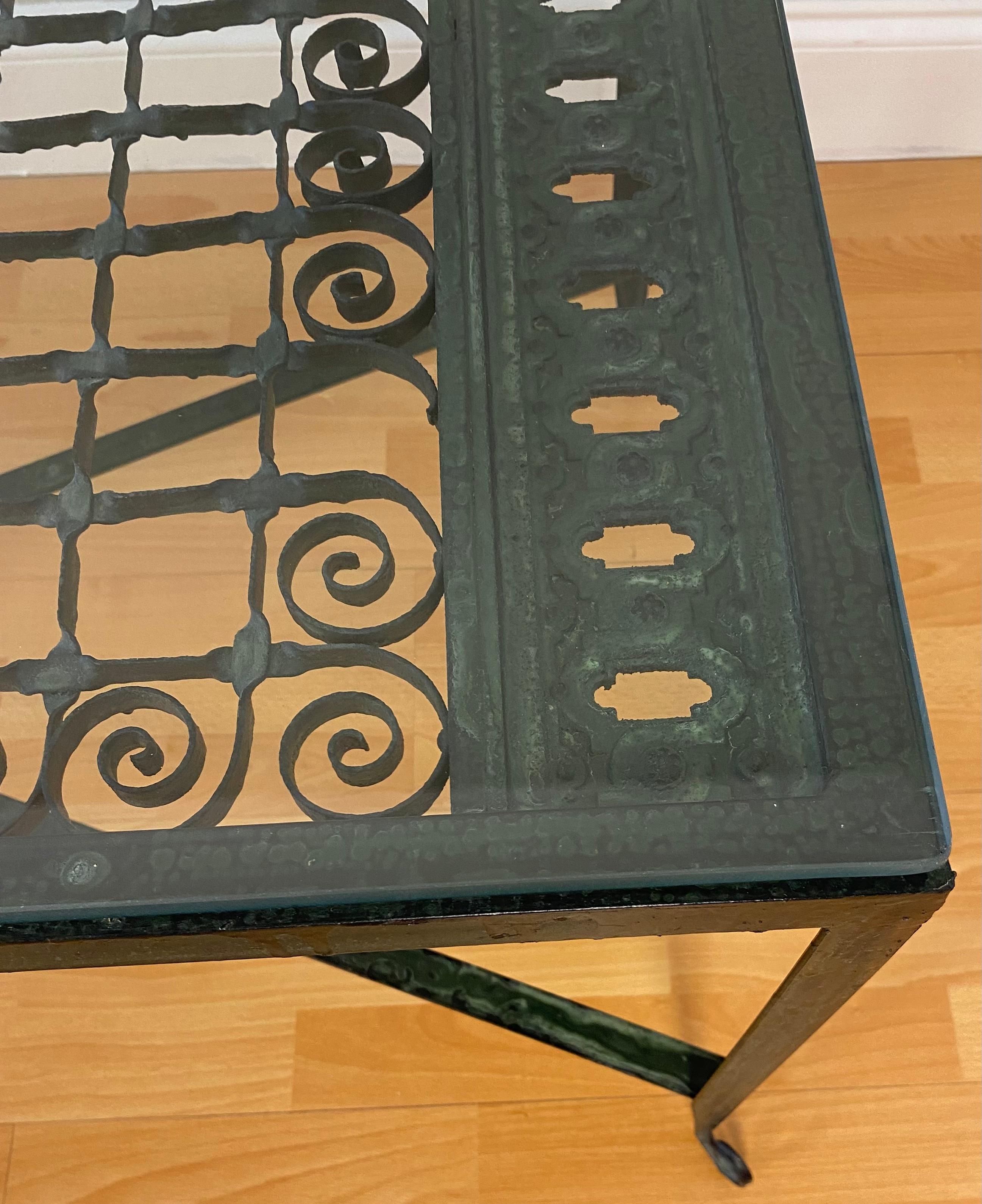 Patinated Decorative Wrought Iron Cocktail Coffee Table, Architectural Element Glass Top For Sale