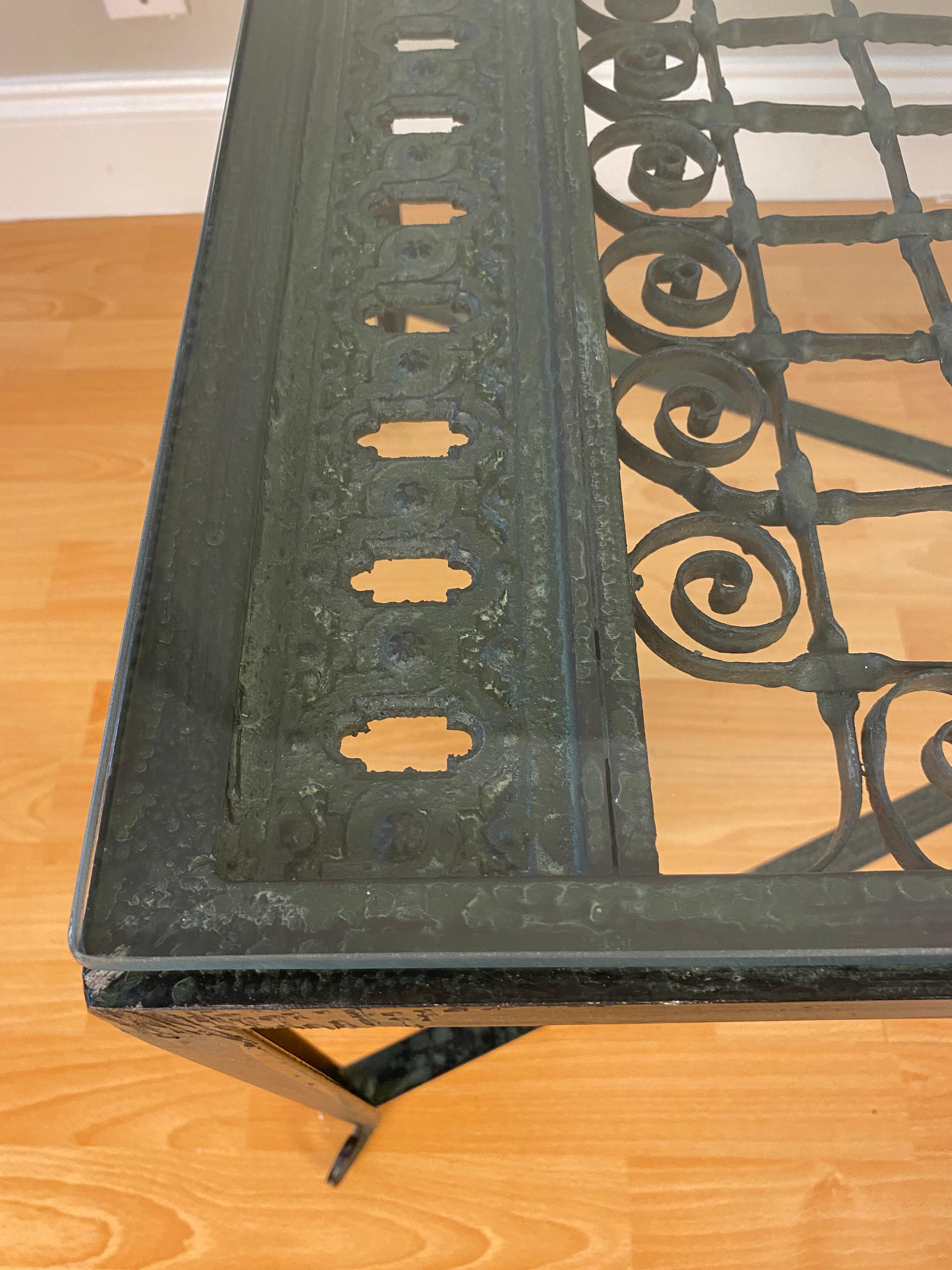 20th Century Decorative Wrought Iron Cocktail Coffee Table, Architectural Element Glass Top For Sale