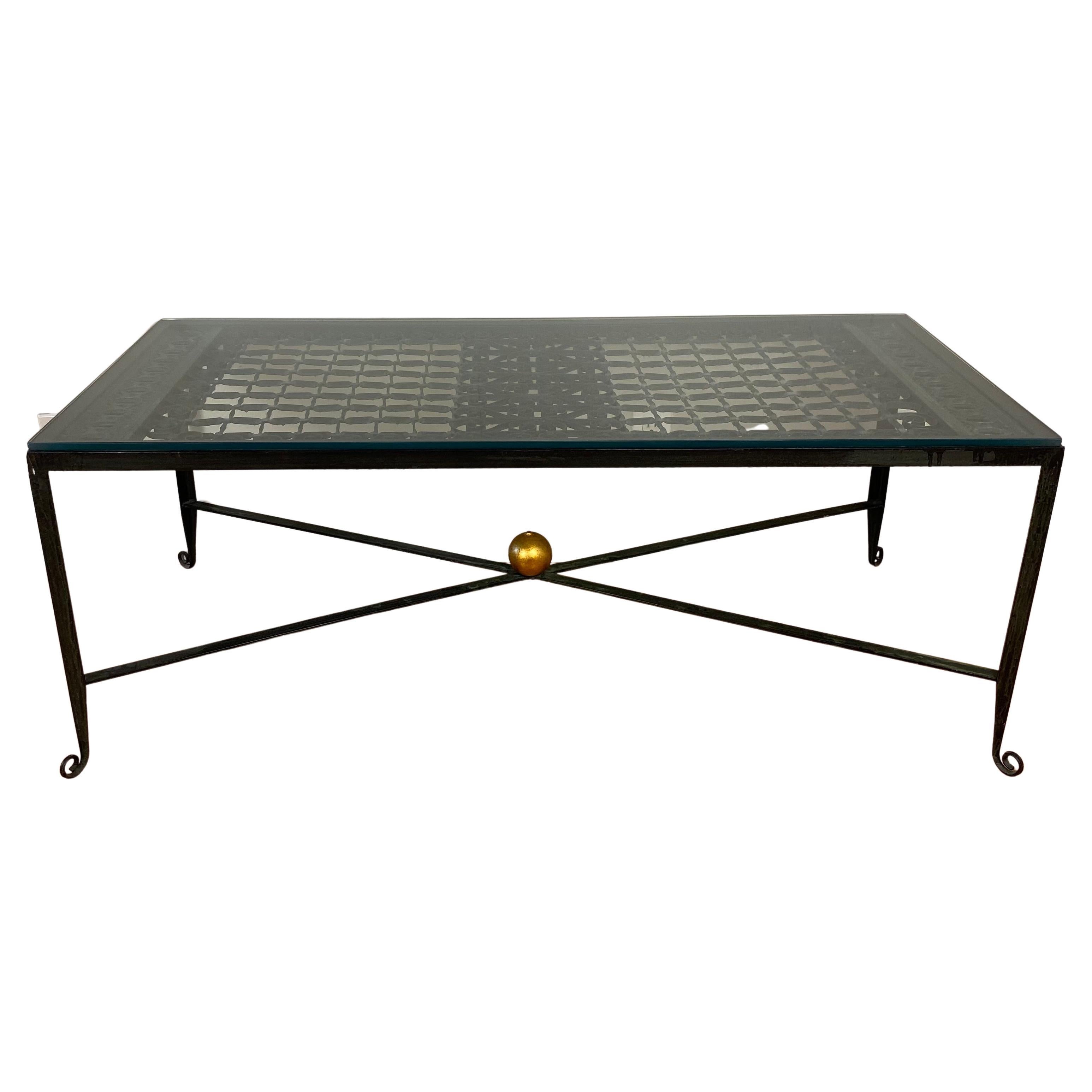 Decorative Wrought Iron Cocktail Coffee Table, Architectural Element Glass Top For Sale