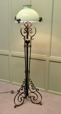 1920 Decorative Wrought Iron Floor Lamp with Pale Green Glass Shade