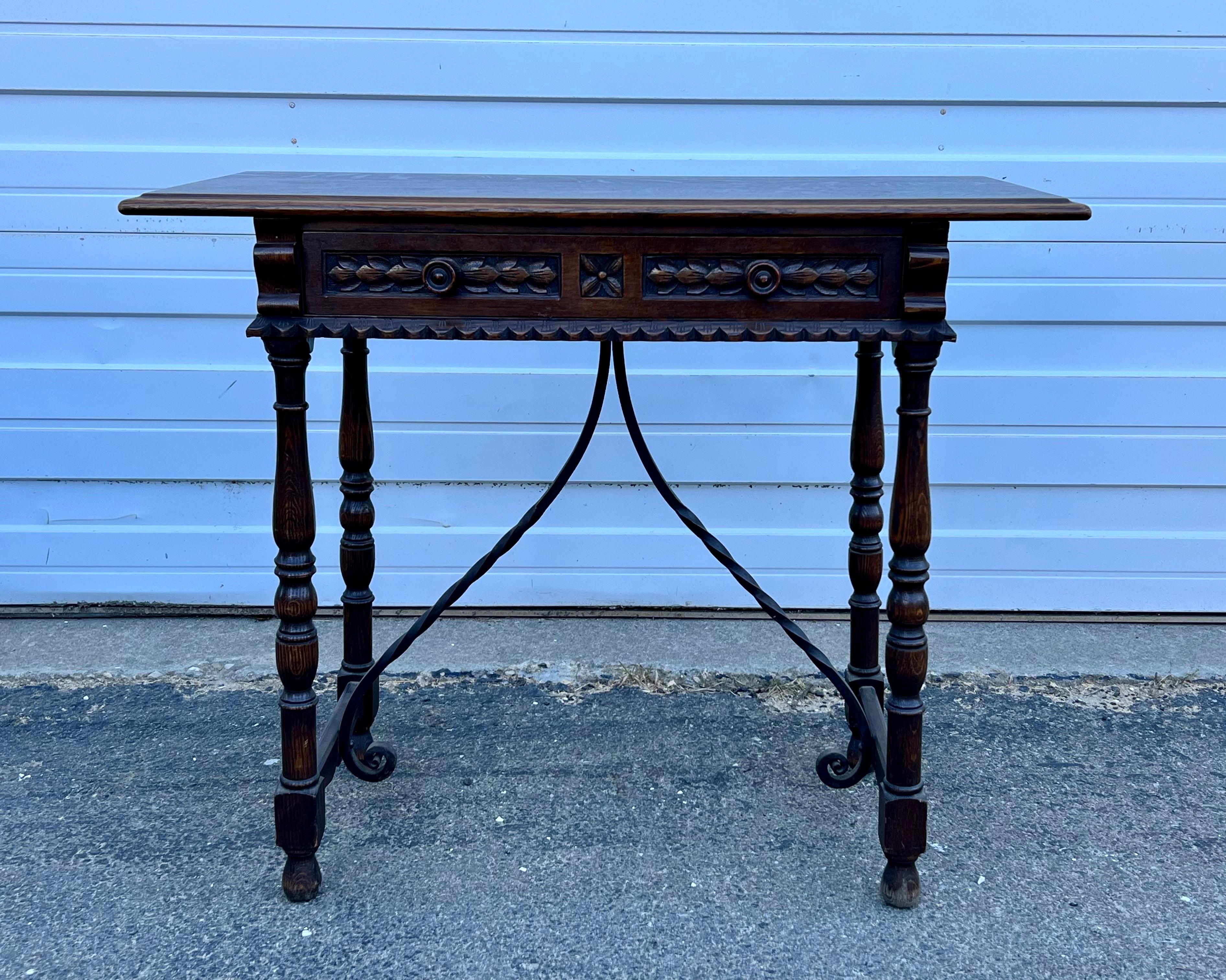 Decoratively Carved Oak One Drawer Console Table  In Good Condition For Sale In Nantucket, MA