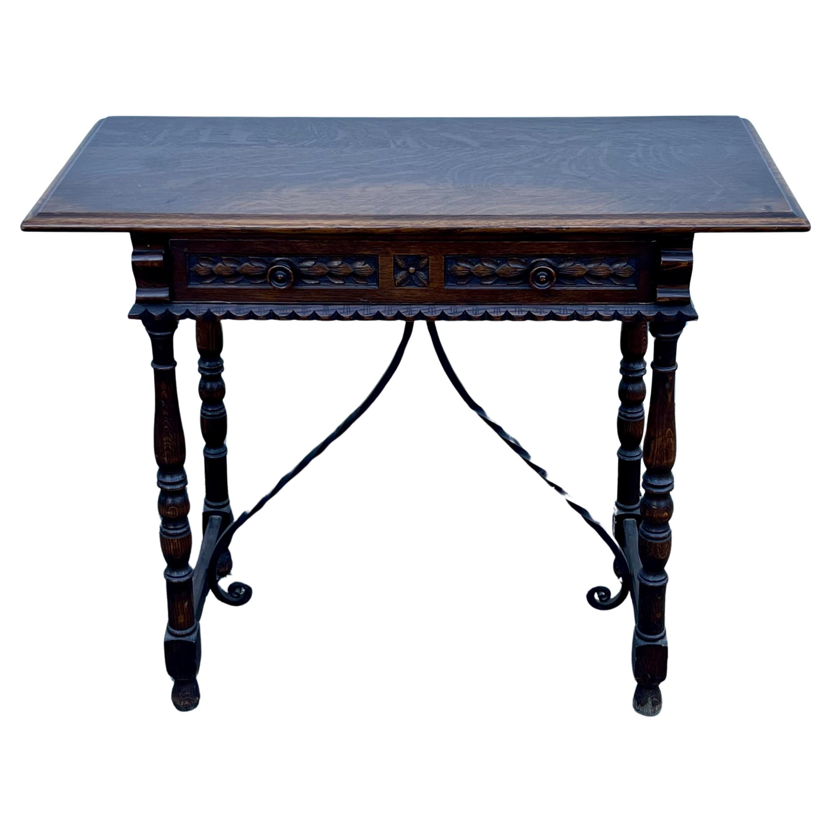 Decoratively Carved Oak One Drawer Console Table  For Sale