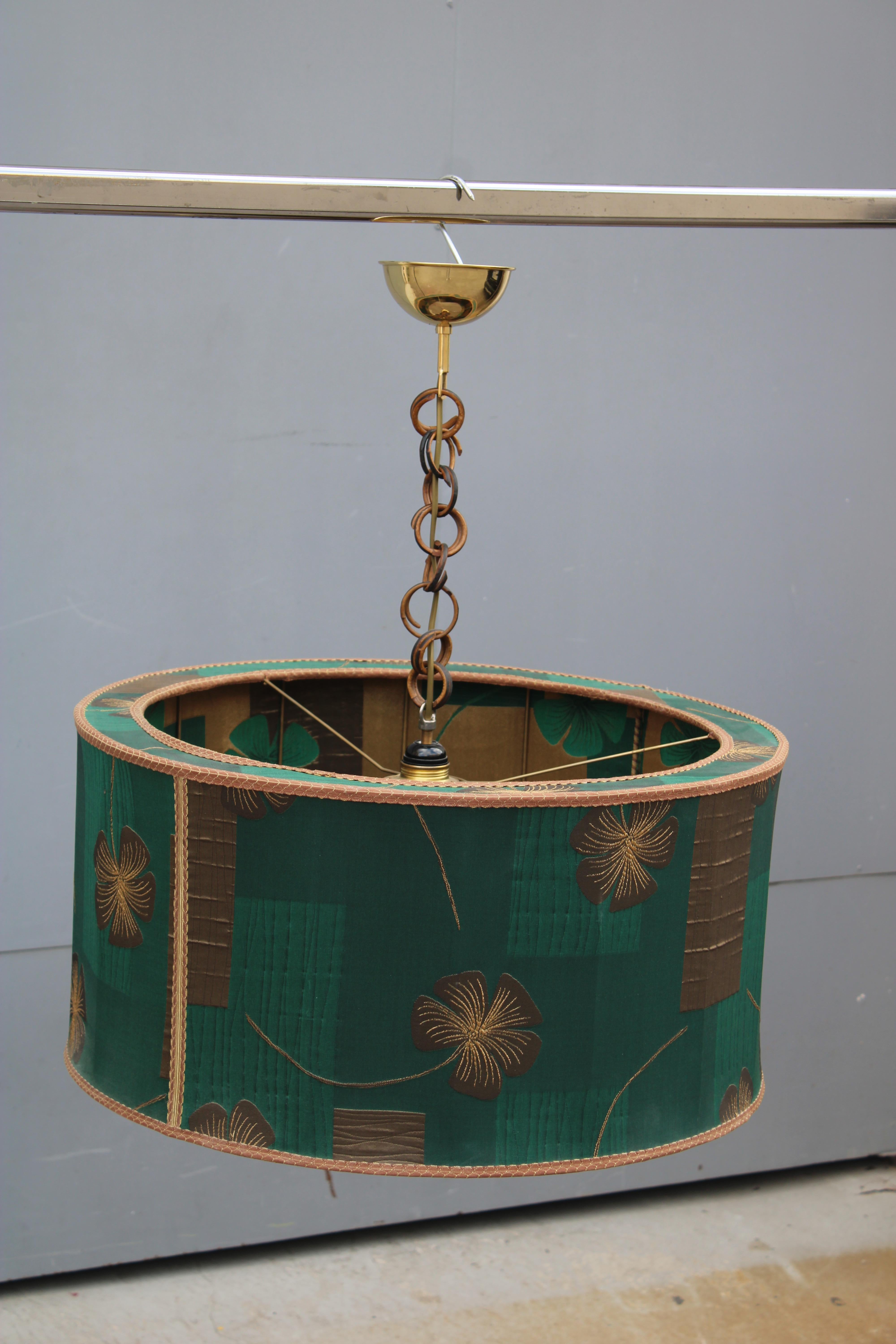 Decorative Chandelier  Mid-century with Dome in Brass Green Floral Fabric For Sale 4