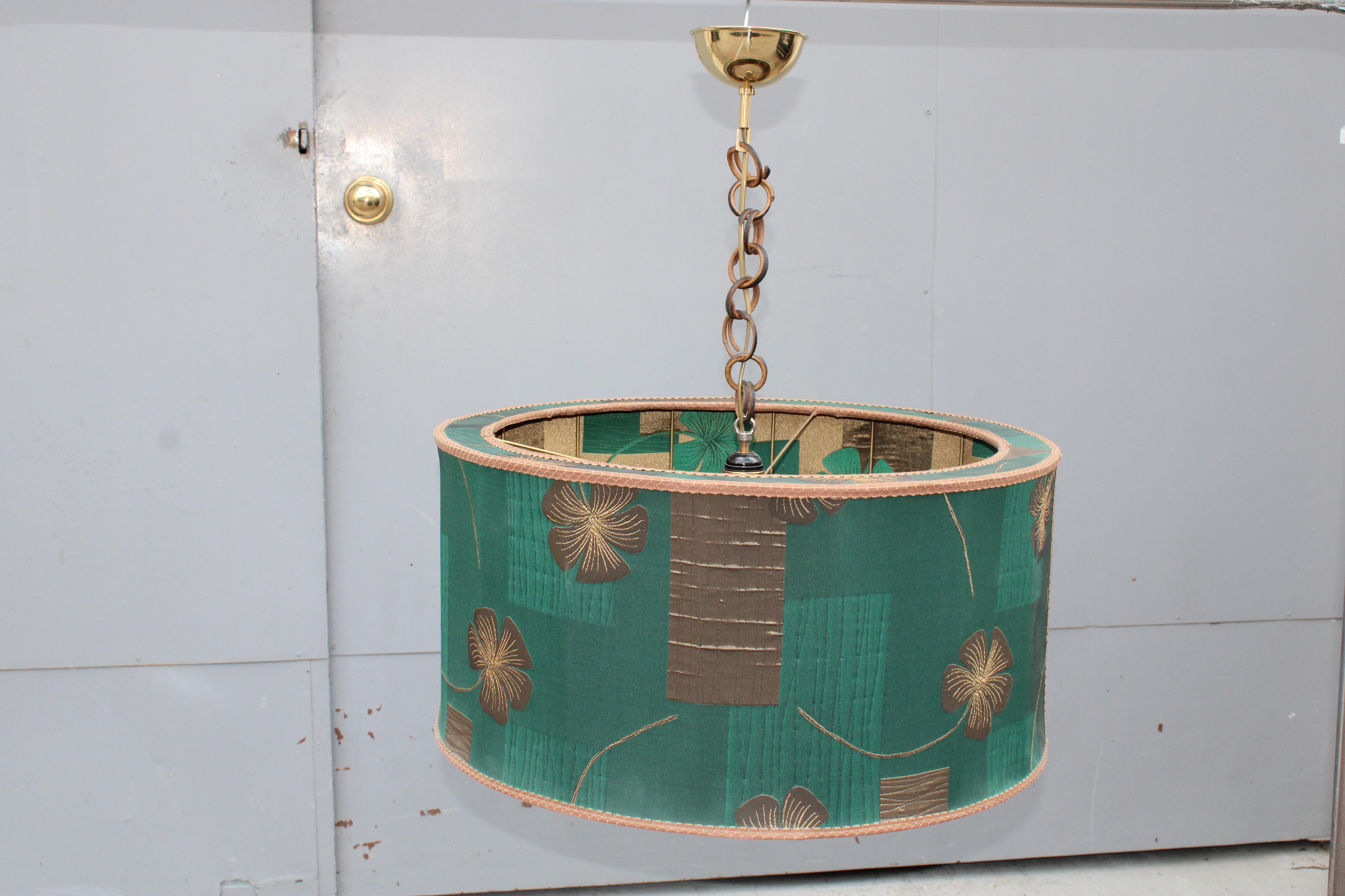 Decorative green floral fabric chandelier Brass and bamboo parts 1950s Italy
