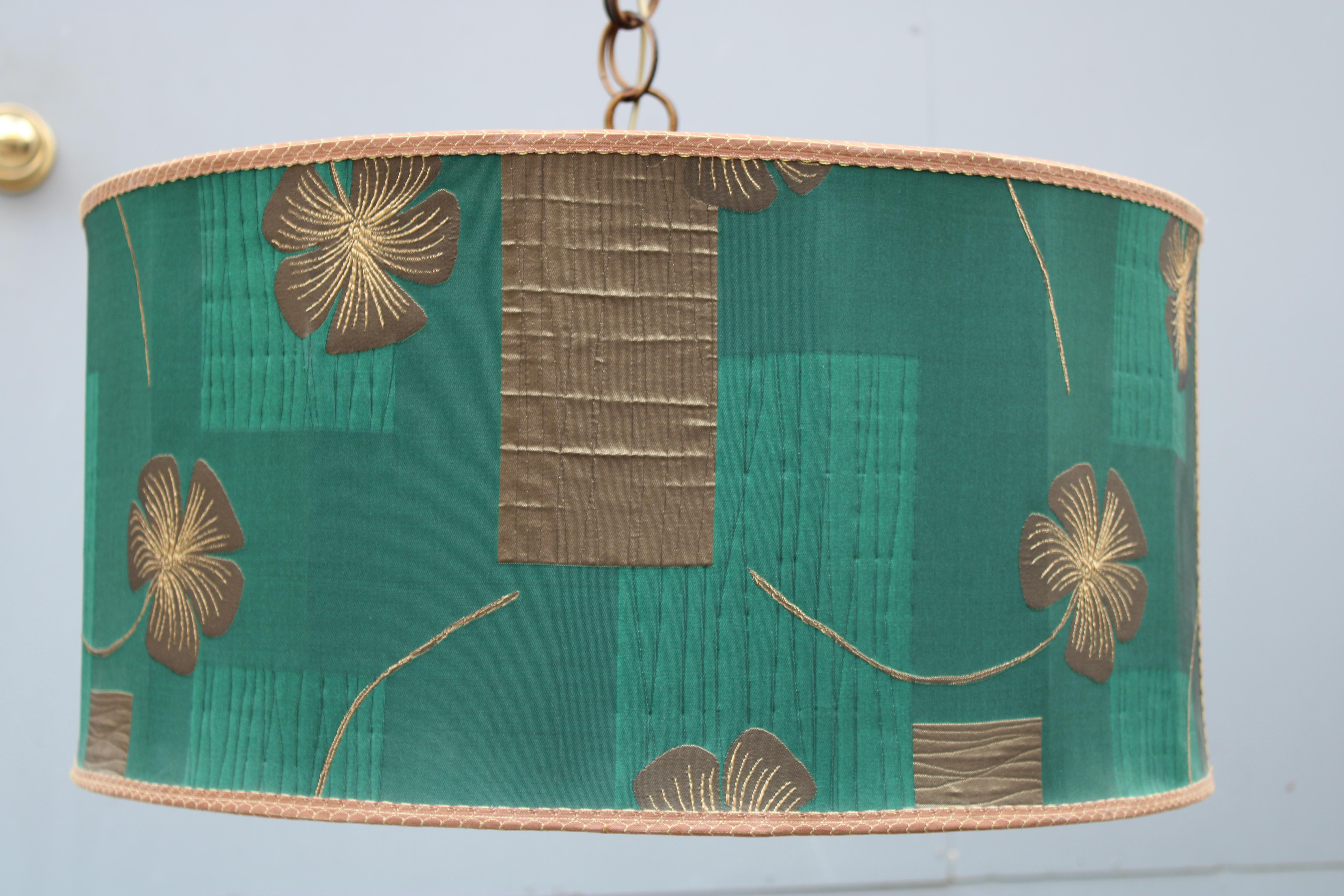 Mid-Century Modern Decorative Chandelier  Mid-century with Dome in Brass Green Floral Fabric For Sale
