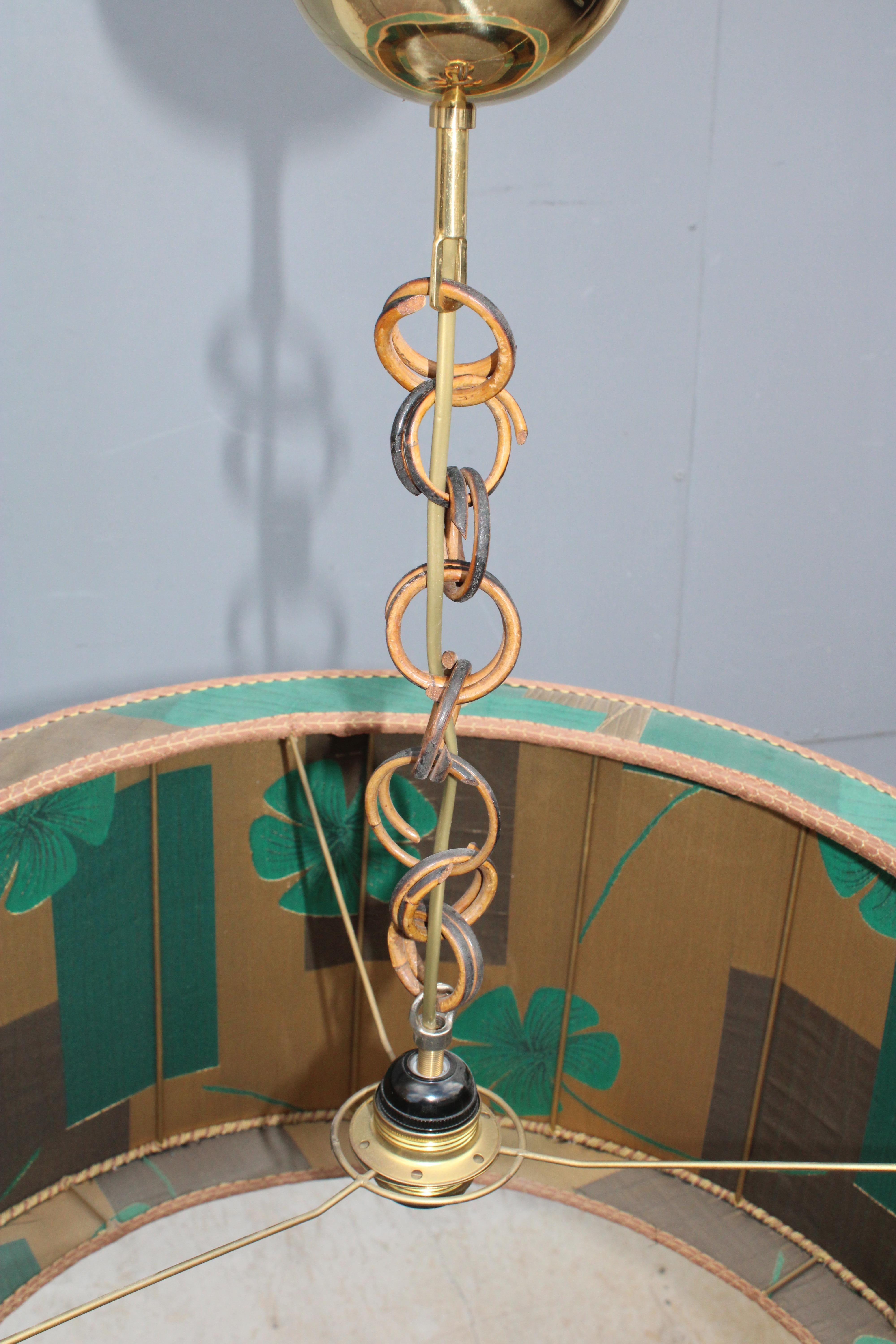 Italian Decorative Chandelier  Mid-century with Dome in Brass Green Floral Fabric For Sale