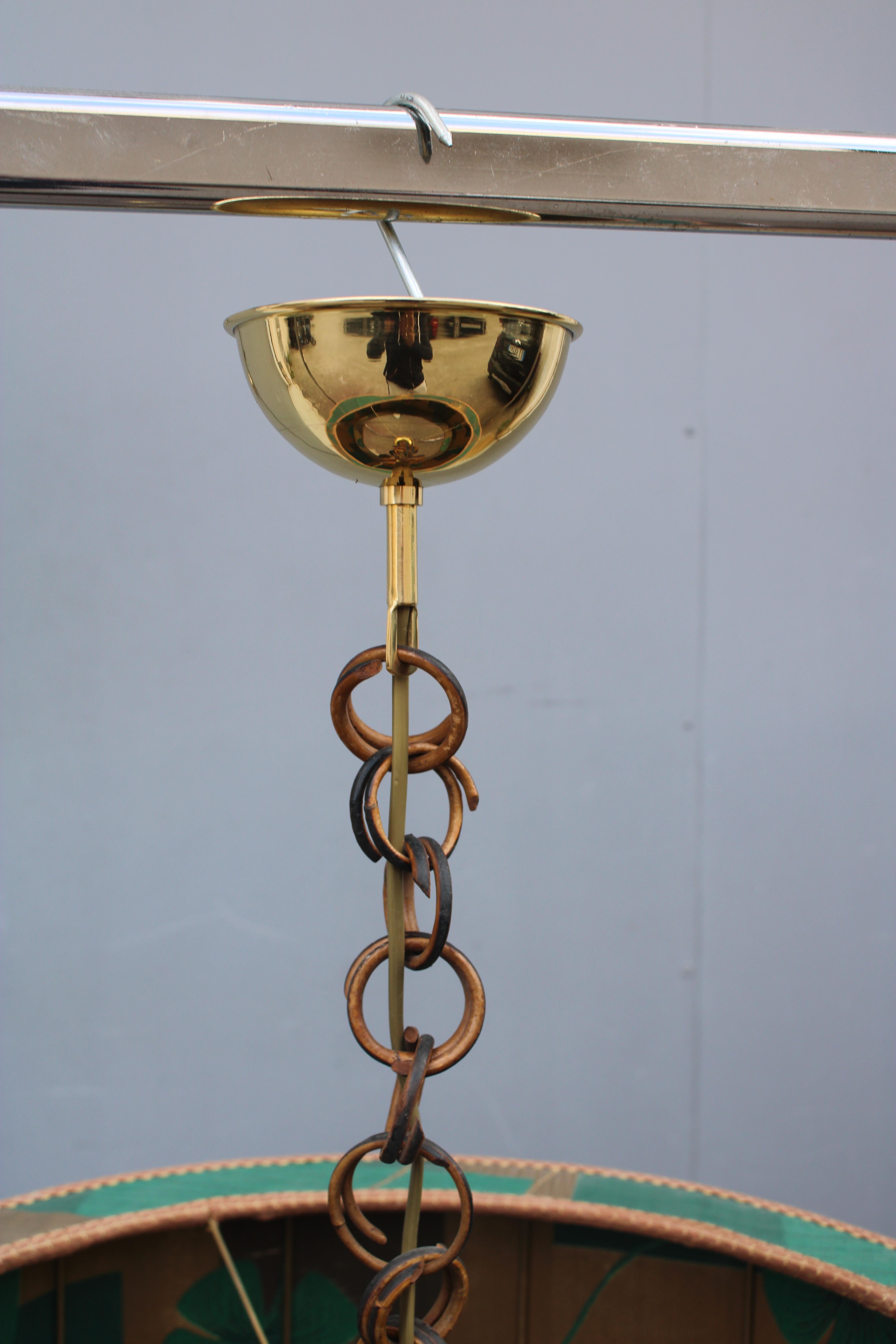 Decorative Chandelier  Mid-century with Dome in Brass Green Floral Fabric In Good Condition For Sale In Palermo, Sicily