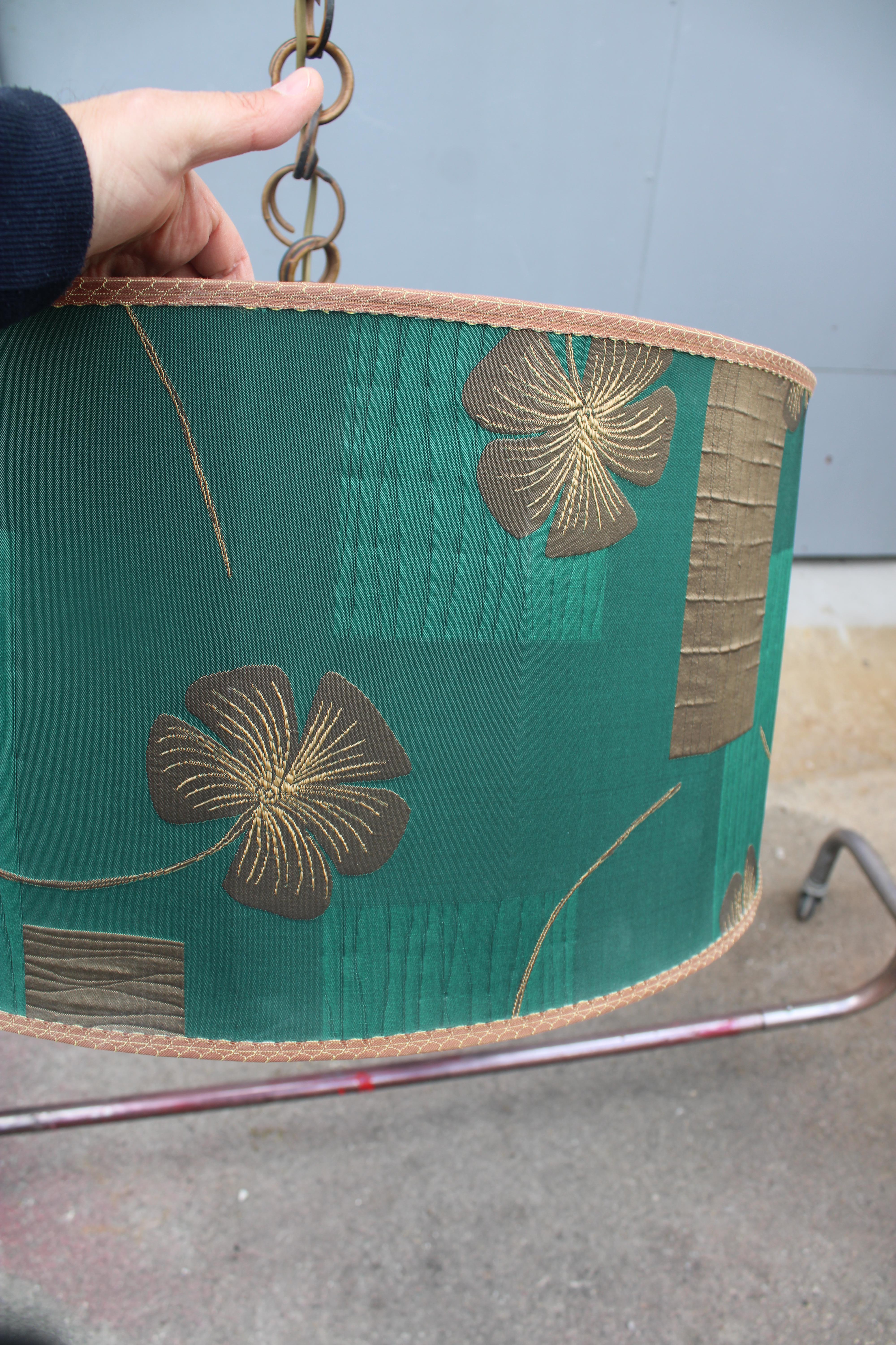 Decorative Chandelier  Mid-century with Dome in Brass Green Floral Fabric For Sale 2