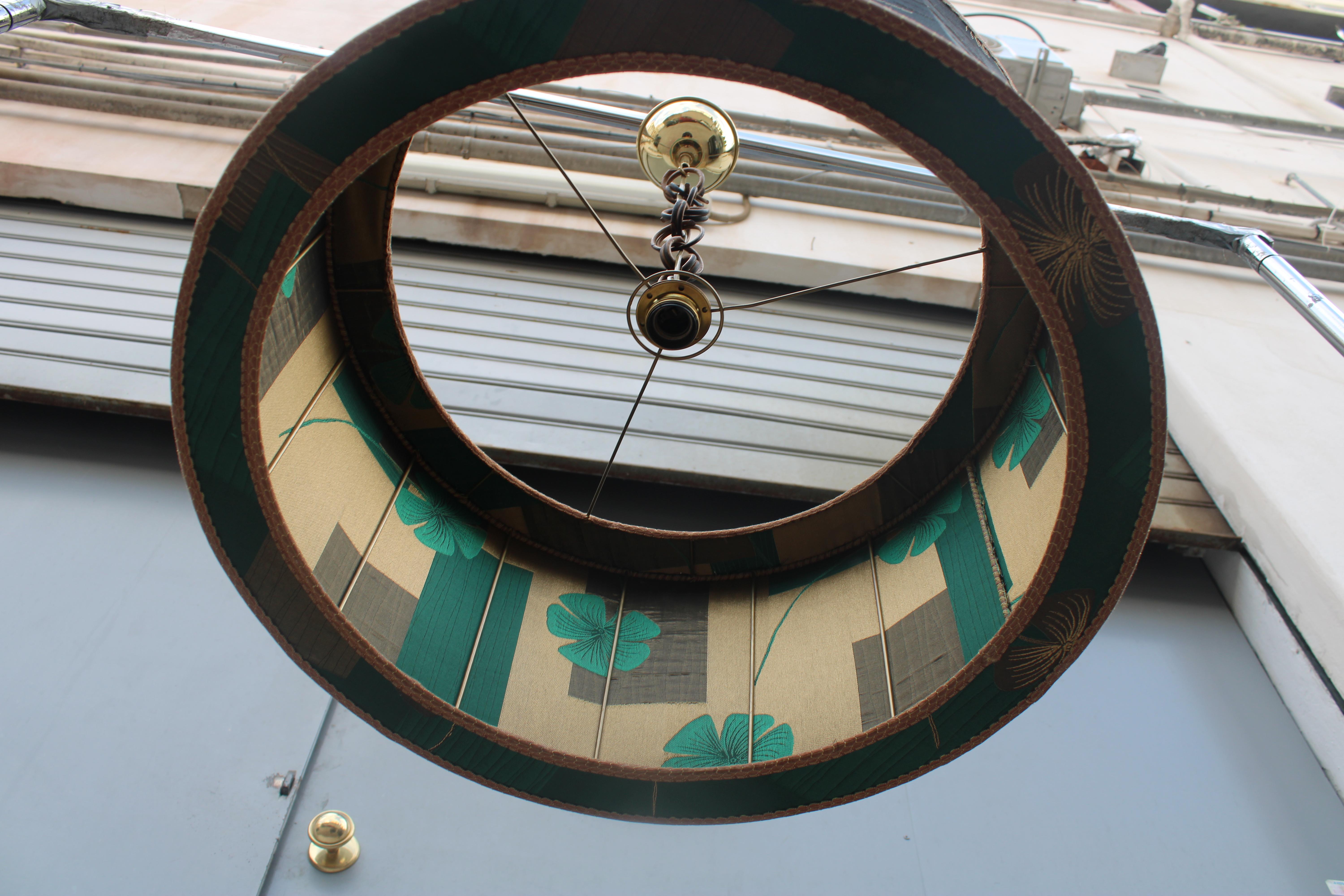 Decorative Chandelier  Mid-century with Dome in Brass Green Floral Fabric For Sale 3