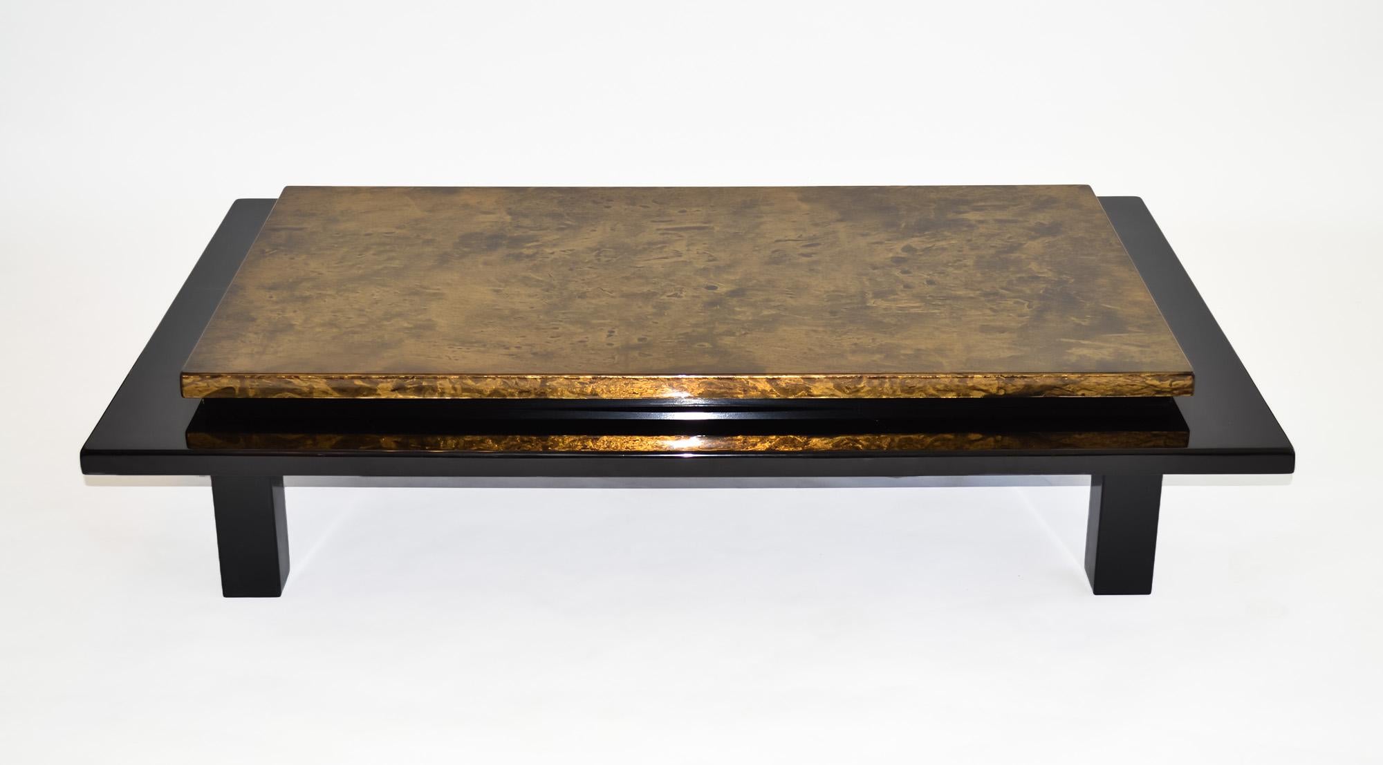 Modern Decorator Black Lacquered Coffee Table Faux Gold Finish Asian James Mont 1980s For Sale