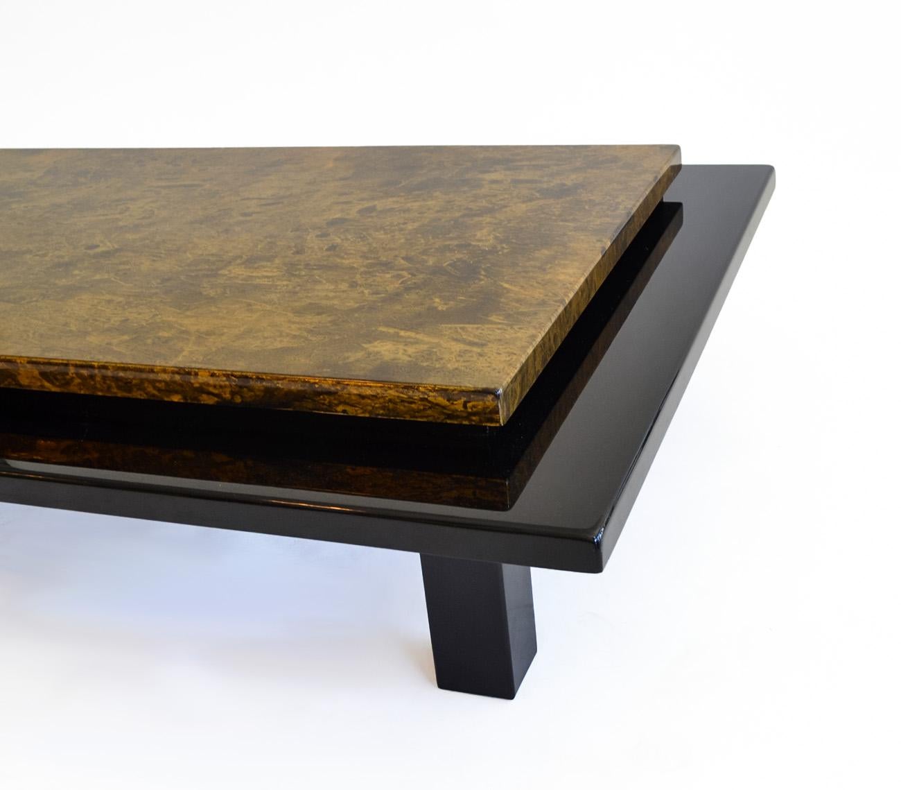 American Decorator Black Lacquered Coffee Table Faux Gold Finish Asian James Mont 1980s For Sale