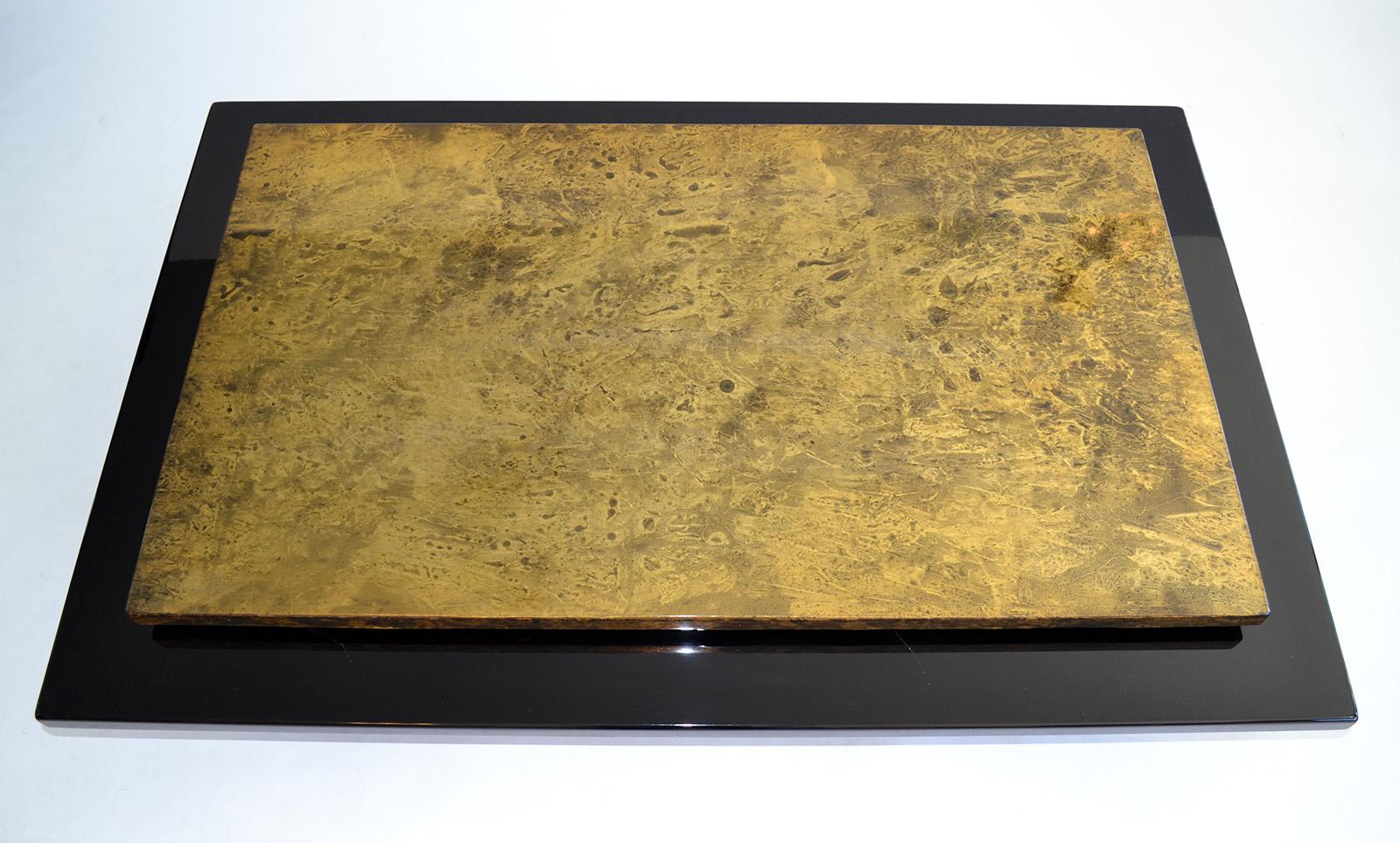 Decorator Black Lacquered Coffee Table Faux Gold Finish Asian James Mont 1980s In Good Condition For Sale In Ft Lauderdale, FL