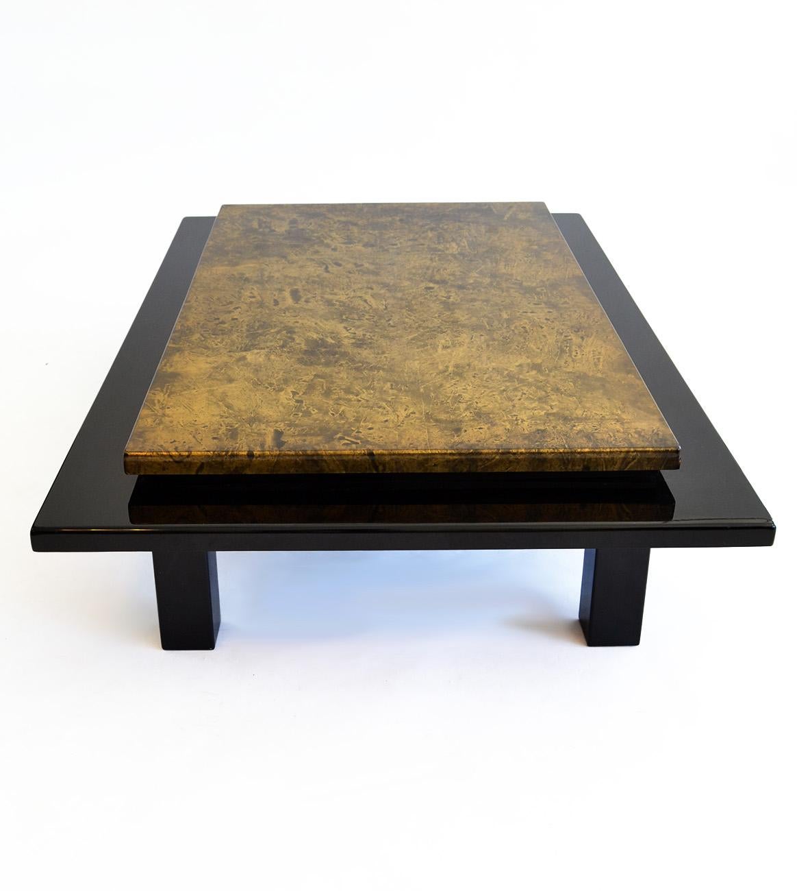 20th Century Decorator Black Lacquered Coffee Table Faux Gold Finish Asian James Mont 1980s For Sale