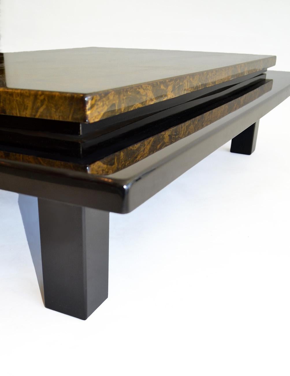 Wool Decorator Black Lacquered Coffee Table Faux Gold Finish Asian James Mont 1980s For Sale