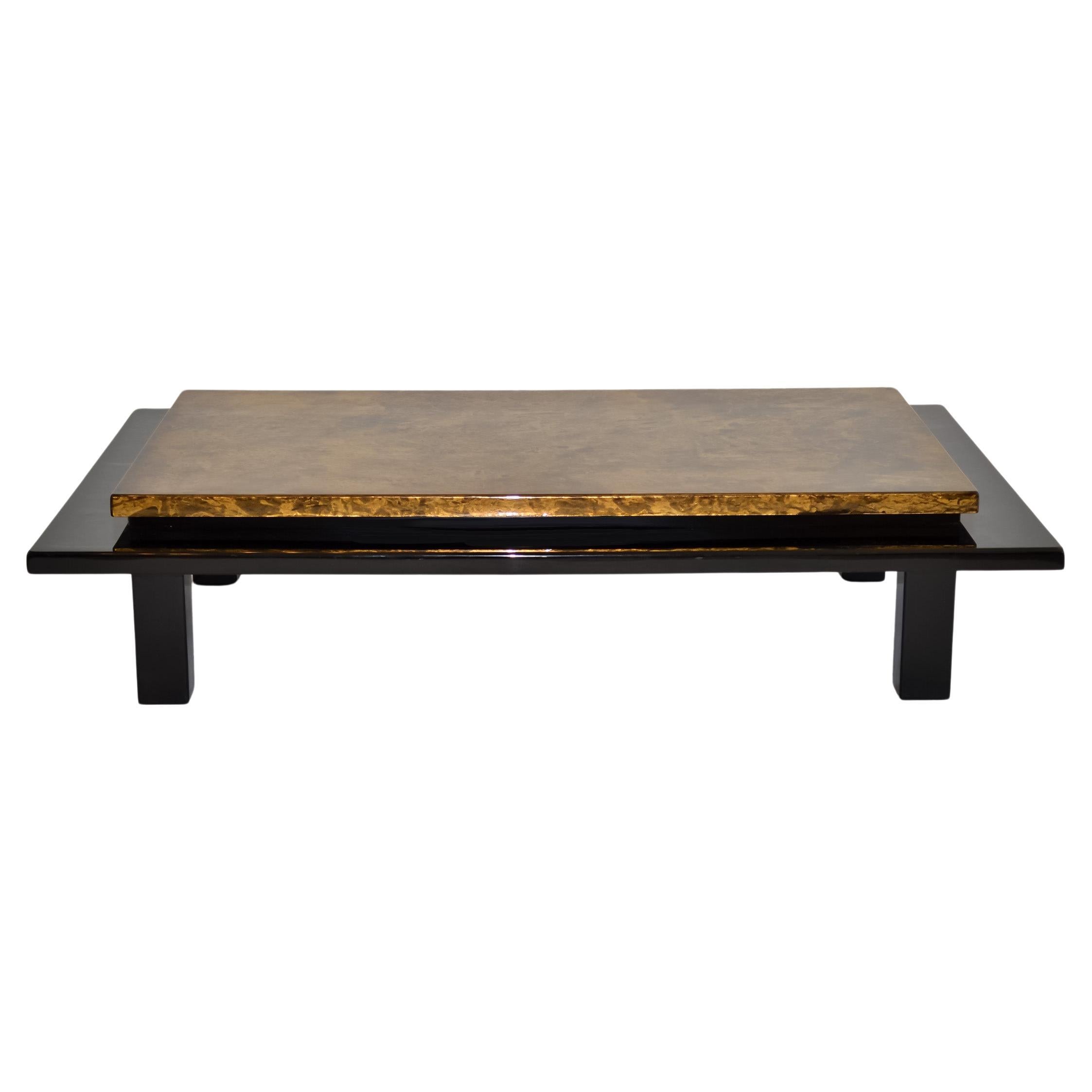Decorator Black Lacquered Coffee Table Faux Gold Finish Asian James Mont 1980s For Sale