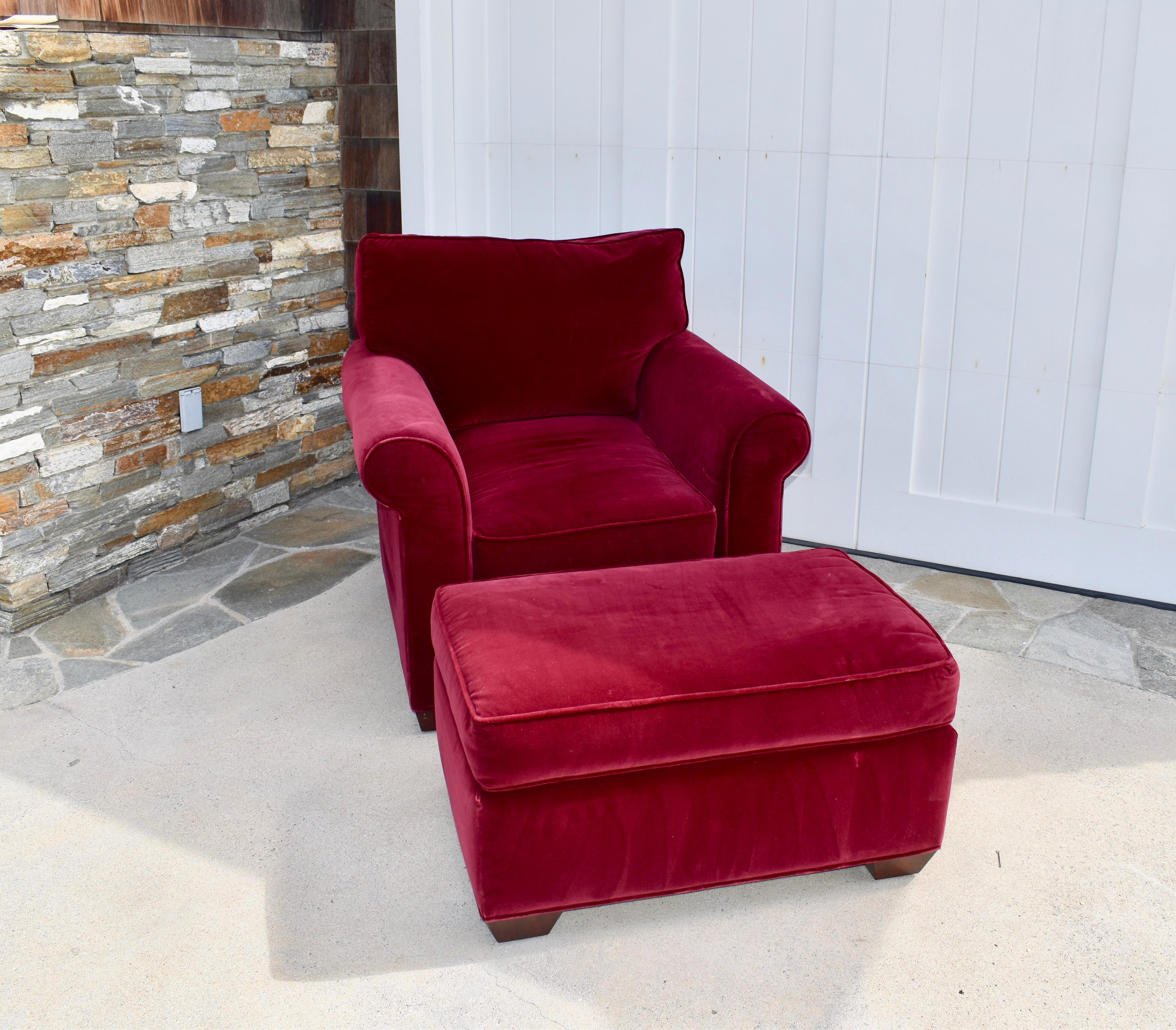 This decorator-designed red velvet club and ottoman brings comfort, class, and a touch of glam to your space - upholstered in soft, rich crimson red velvet with welting, button tufting, zippered over stuffed down filled cushion and short block