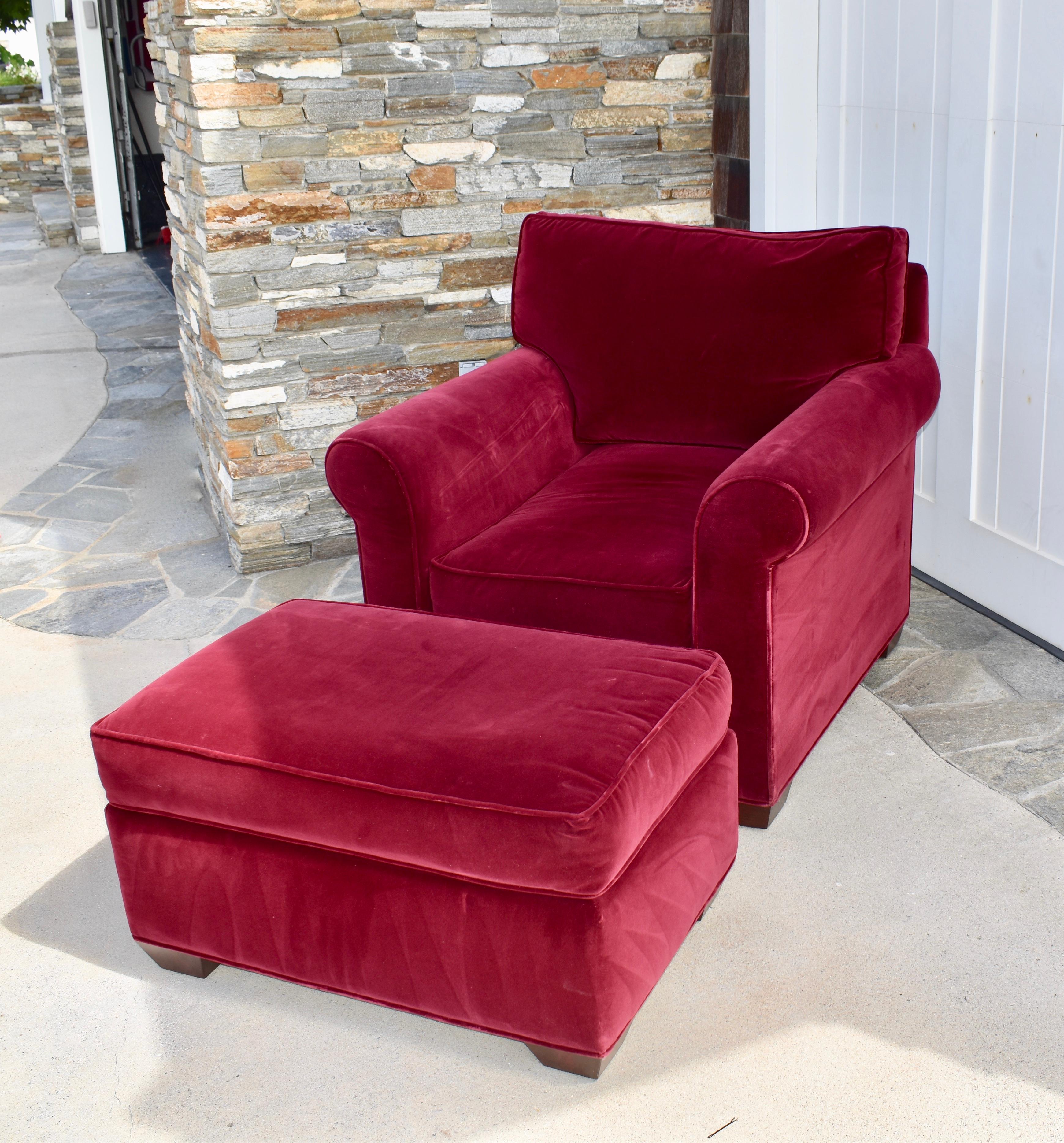 American Decorator Built Red Velvet Club Chair and Ottoman