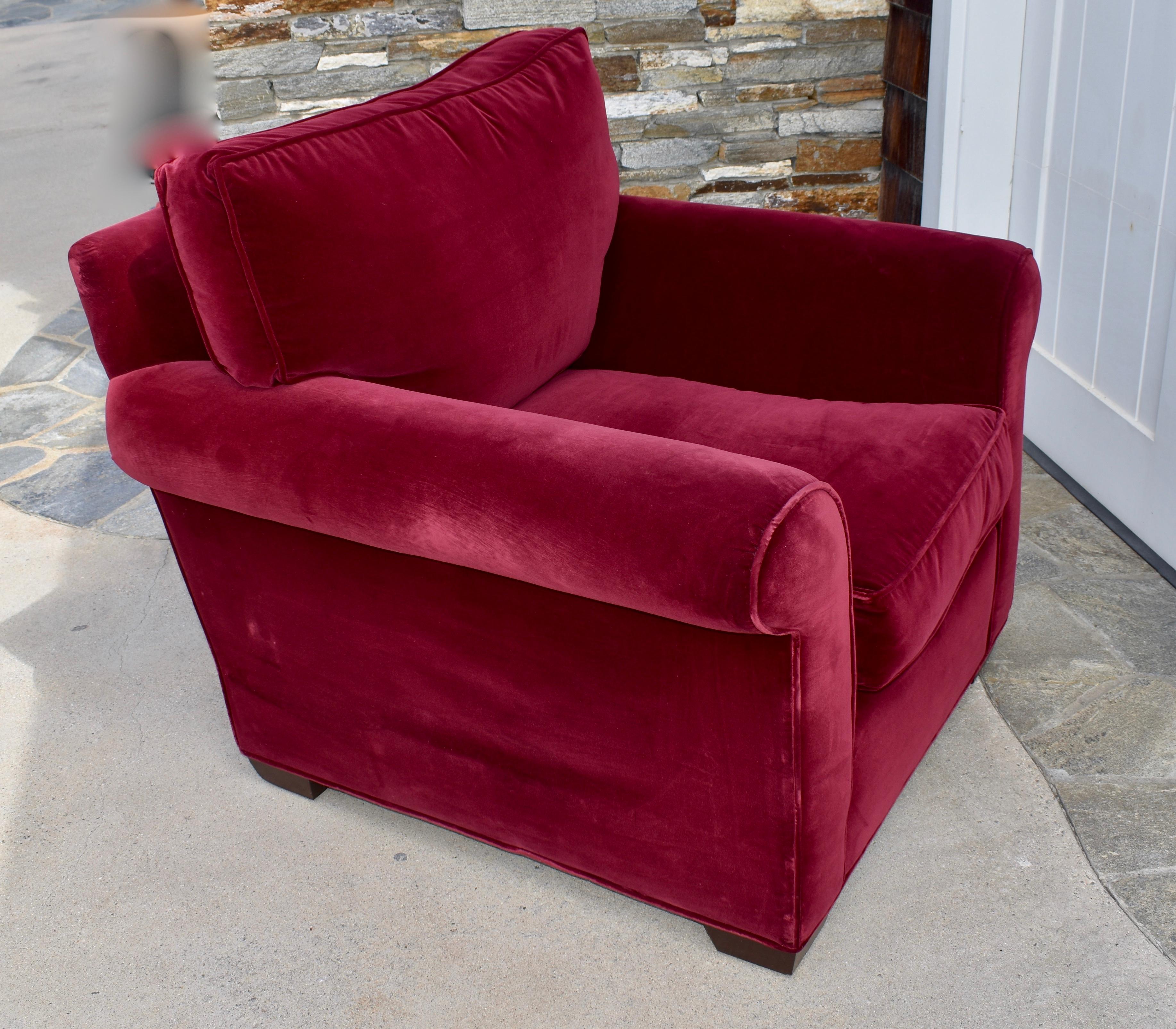 Late 20th Century Decorator Built Red Velvet Club Chair and Ottoman