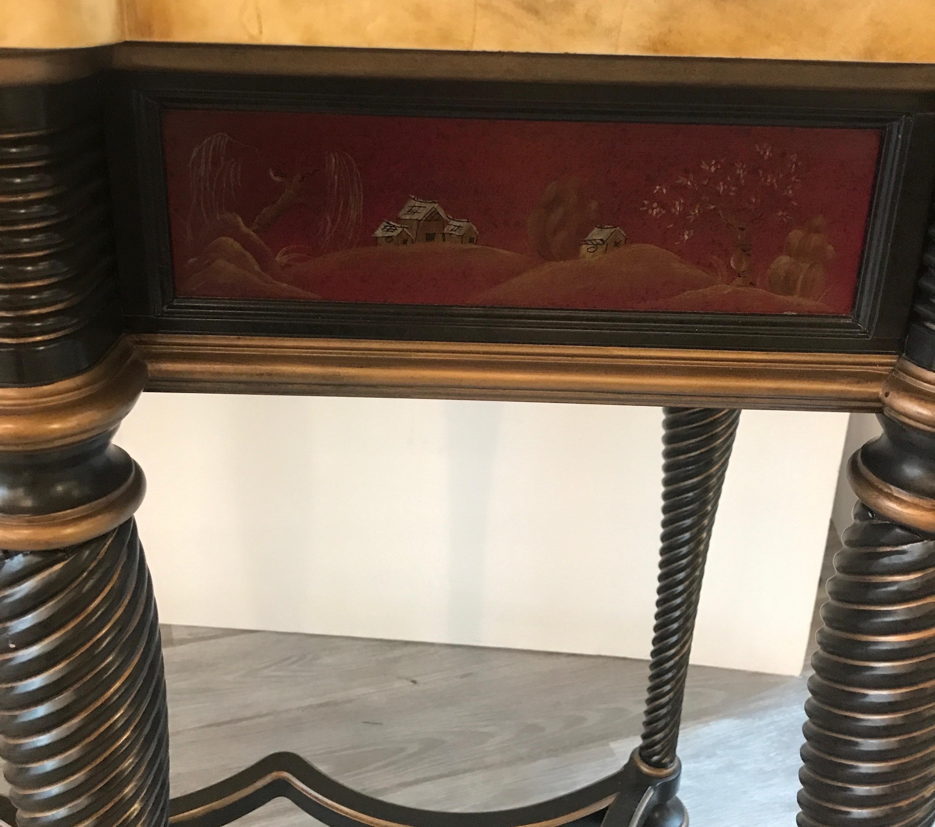 Mid-20th Century Hand Painted Chinoiserie and Faux Marble Top Console For Sale