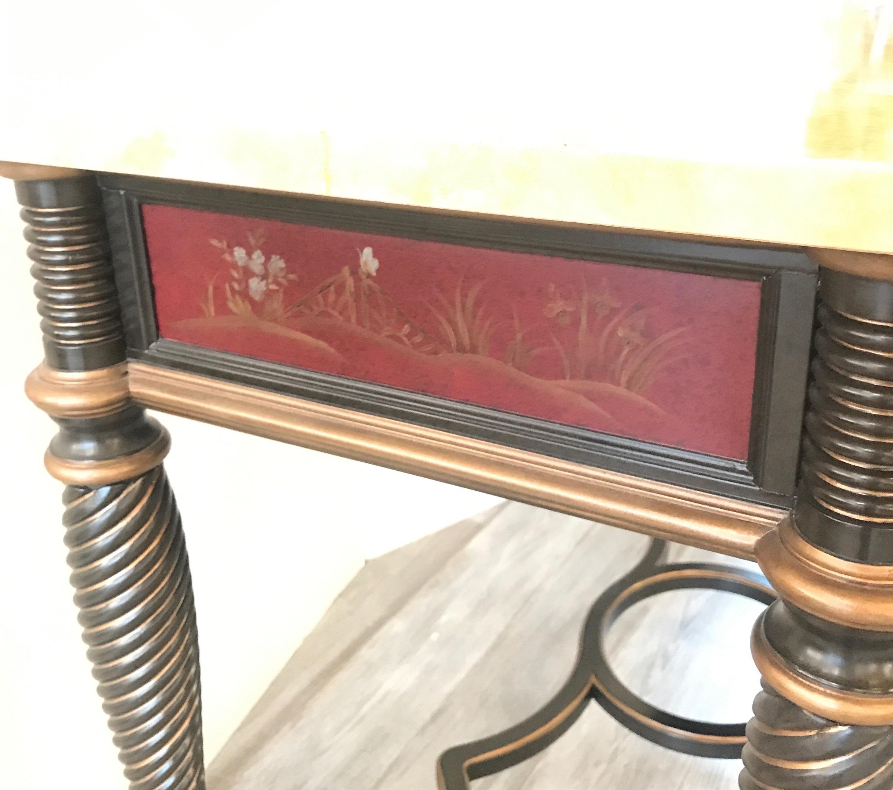 Hardwood Hand Painted Chinoiserie and Faux Marble Top Console For Sale