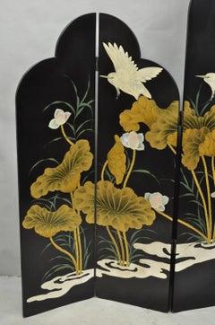 Decorator Chinoiserie Black Lacquer Oriental Painted 4 Panel Room Divider Screen