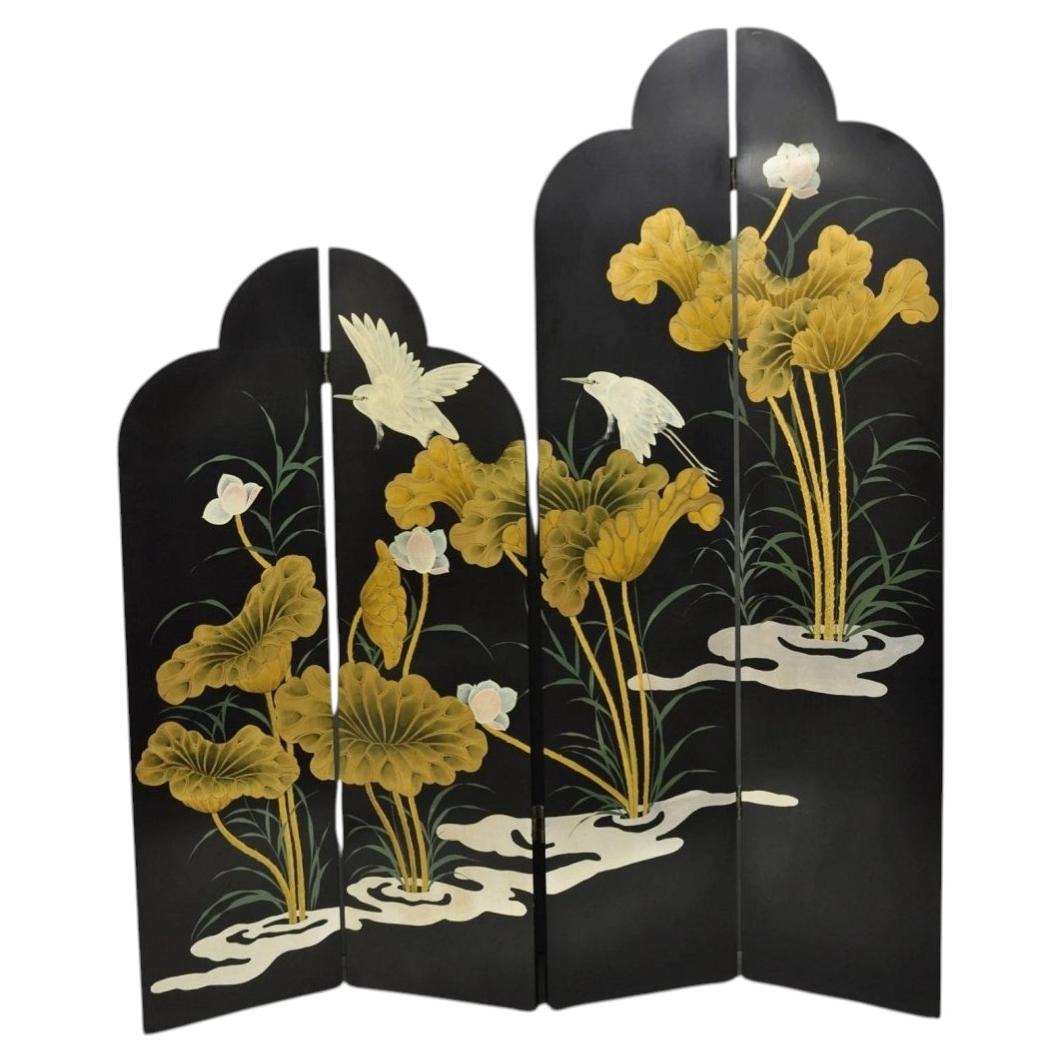 Decorator Chinoiserie Black Lacquer Oriental Painted 4 Panel Room Divider Screen
