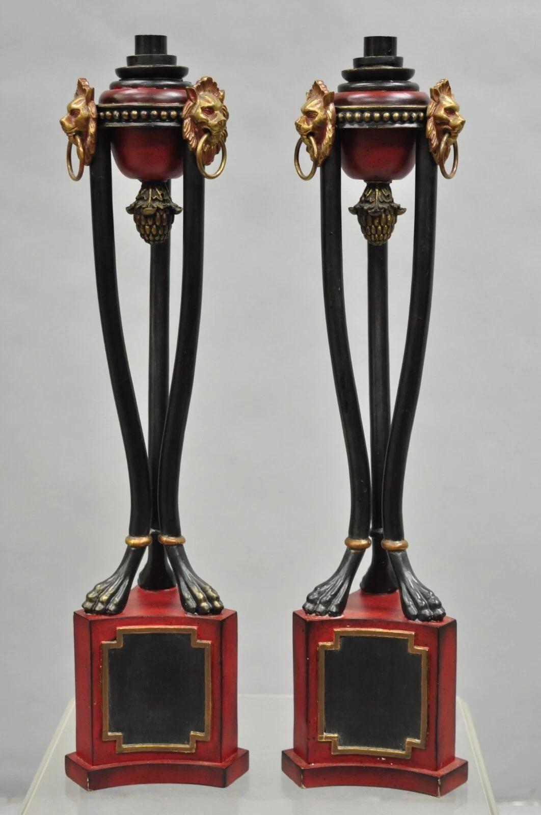 Decorator Empire Regency Style Red & Black Metal Lion Candlesticks - a Pair For Sale 6