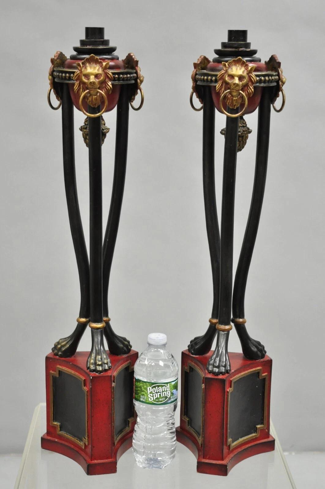 Decorator Empire Regency Maitland Smith Style Red & Black Tall Metal Lion Candlesticks - a Pair. Circa Late 20th Century. Measurements: 25