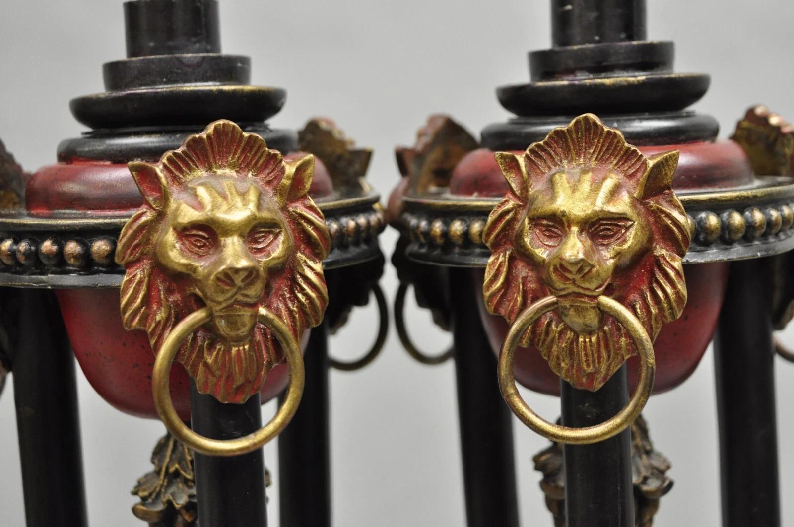 Unknown Decorator Empire Regency Style Red & Black Metal Lion Candlesticks - a Pair For Sale