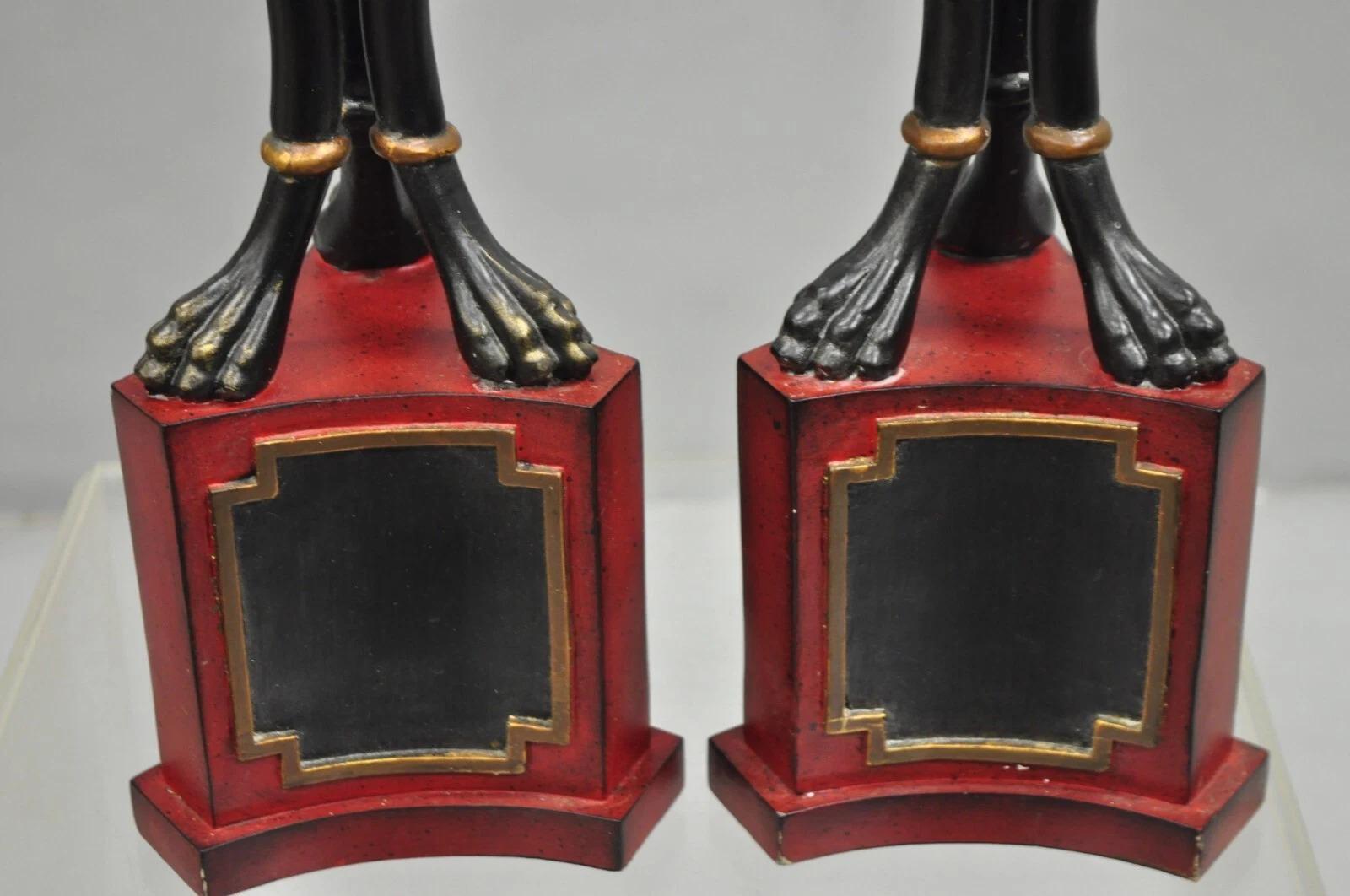 20th Century Decorator Empire Regency Style Red & Black Metal Lion Candlesticks - a Pair For Sale