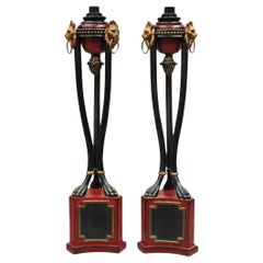 Decorator Empire Regency Style Red & Black Metal Lion Candlesticks - a Pair